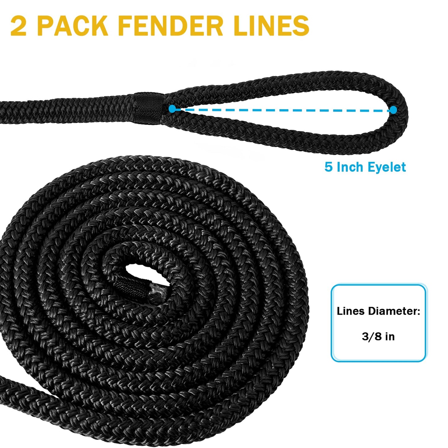 2 Pack 3/8'' x 6' Boat Fender Lines for Mooring, Docking Ties & Small Boat,Premium Marine- Grade Double Braided Nylon Boat Rope with a 5" Eyelet,Anti-Wear & Weather-Resistant-Black
