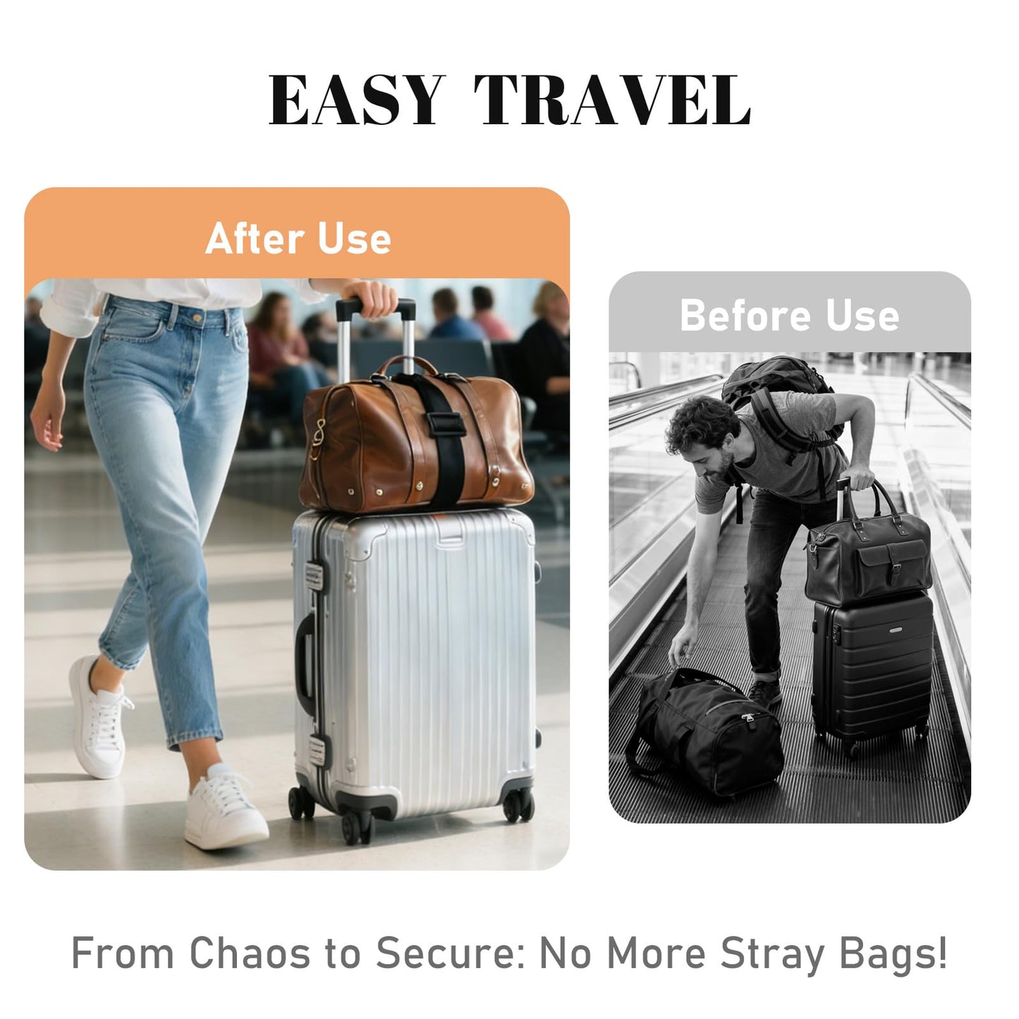 Multi Use Strong Adjustable Luggage Connector Straps for Suitcases,2 Pack Flexible Luggage Accessories Elastic Fastening Bag Strap (Black)