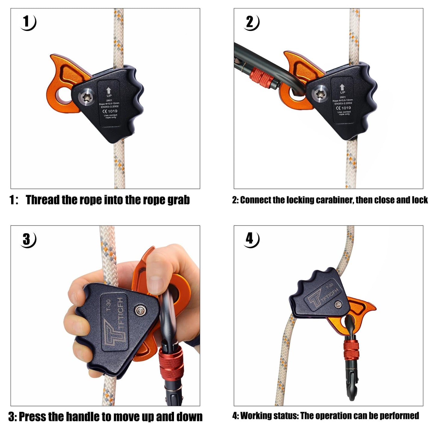 TFTICFH CE 15kN Rope Grab, Safety Clip Clamp, Fall Protection Belay Device, Flipline Rope Adjuster, Self-Locking Fall Arrestor Riser Ascender for Climbing Arborist Rescue Training for 10~12mm Rope