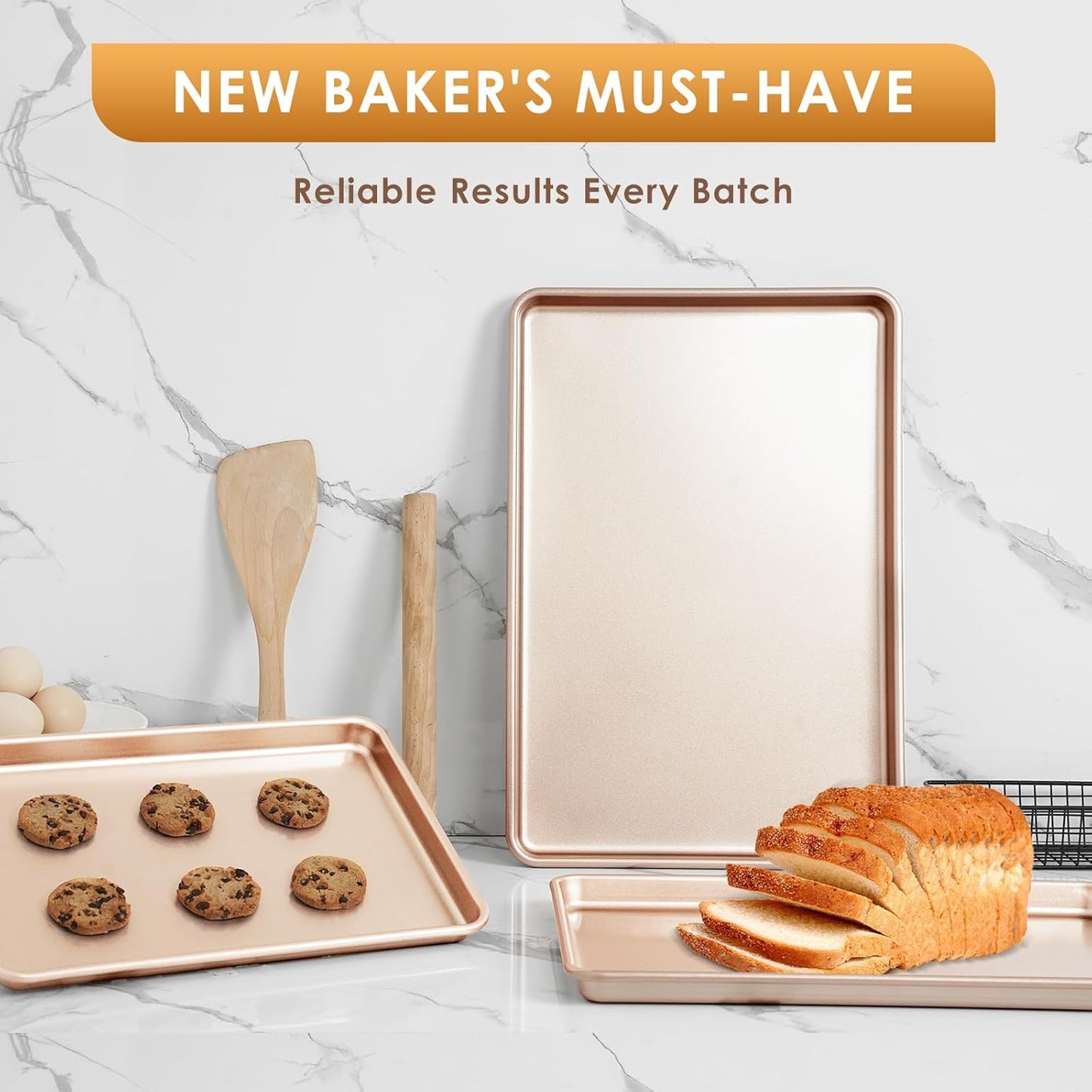 Skiennix Baking Sheet Pan Set - Nonstick Cookie Sheets for Easy Baking | Heavy Duty Rose Gold, 3-Piece Set