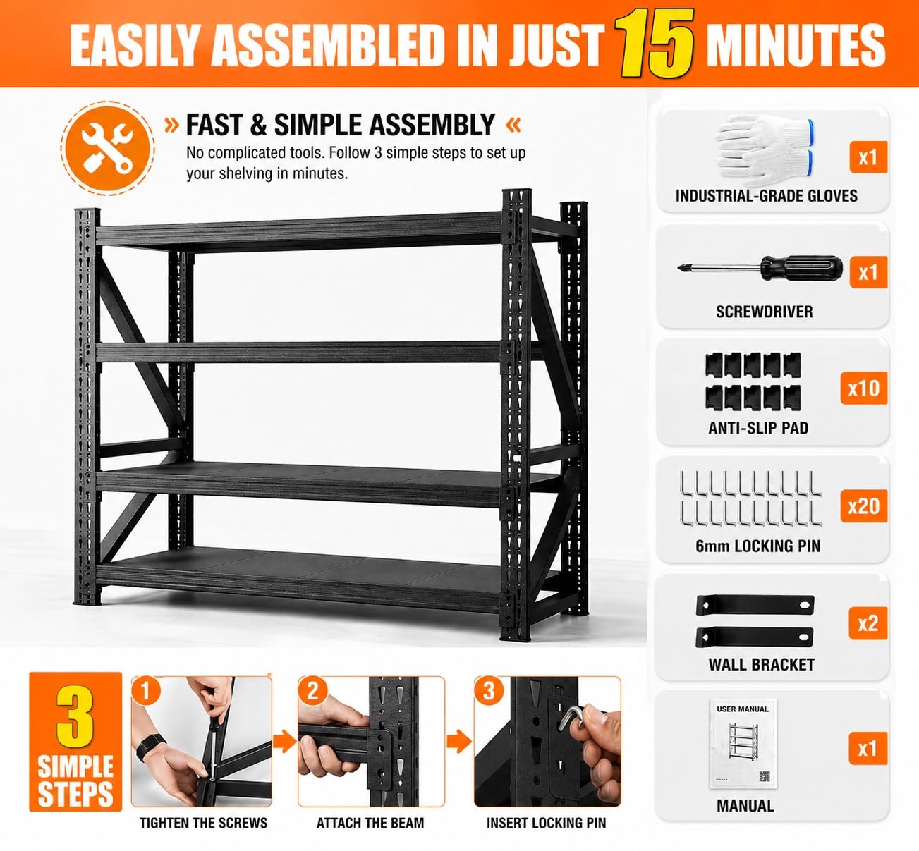 FYYXTEE 5000LBS Garage Shelving, 71" W Heavy Duty Metal Adjustable 4 Tier Storage for Warehouse, Basement, Shop and Office, Commercial-Grade Steel Organizer, 71" W x 24" D x 69" H
