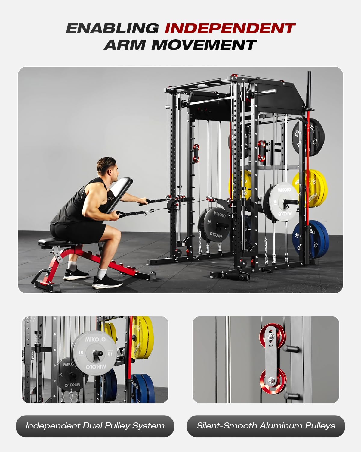 Mikolo Smith Machine, Multi-Function Power Cage with Dual Pulley System, Vertical Leg Press Attachment, Squat Rack Power Rack with More Training Attachment for Home Gym (M10 with Pivot Arm)
