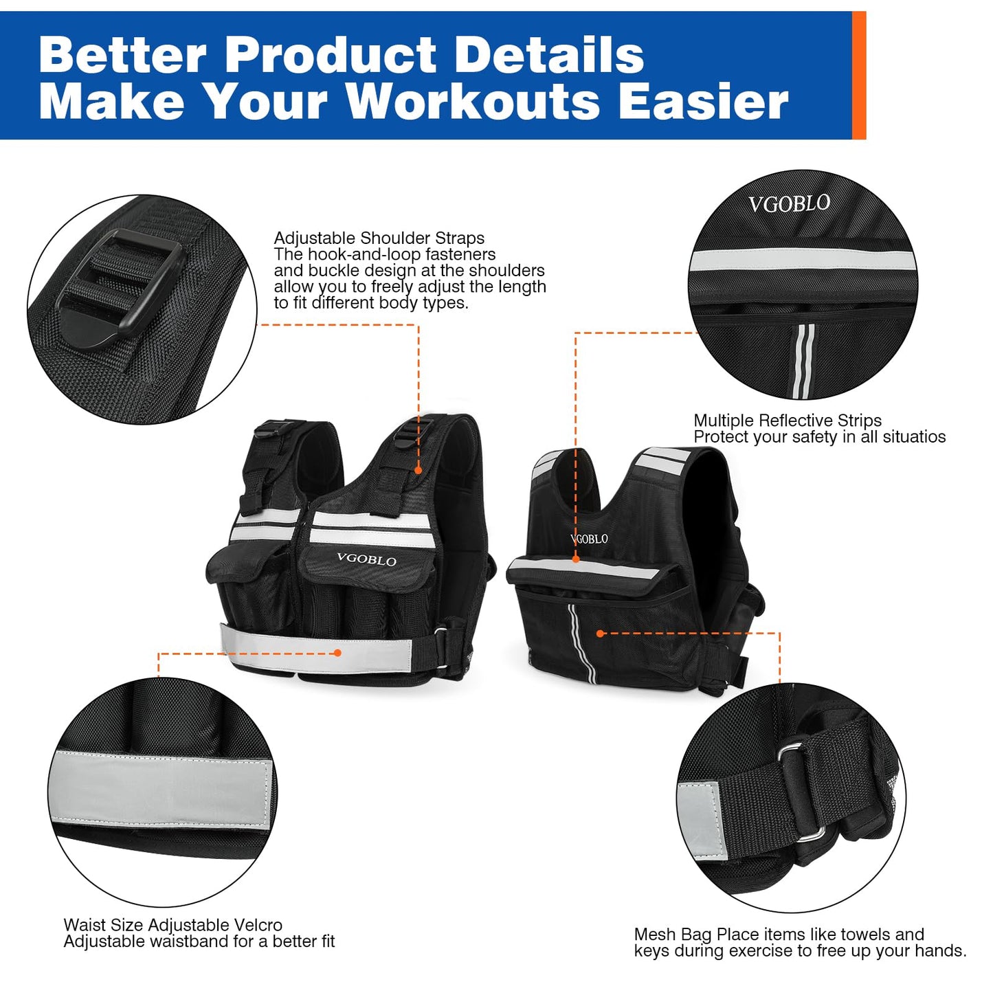VGOBLO Adjustable Weighted Vest for Women Men, 2-18 lbs Strength Training Weight Vest with adjustable weights 12 Sandbags, Zipper Womens Weighted Vest Washable with Reflective for Walking Running Gym