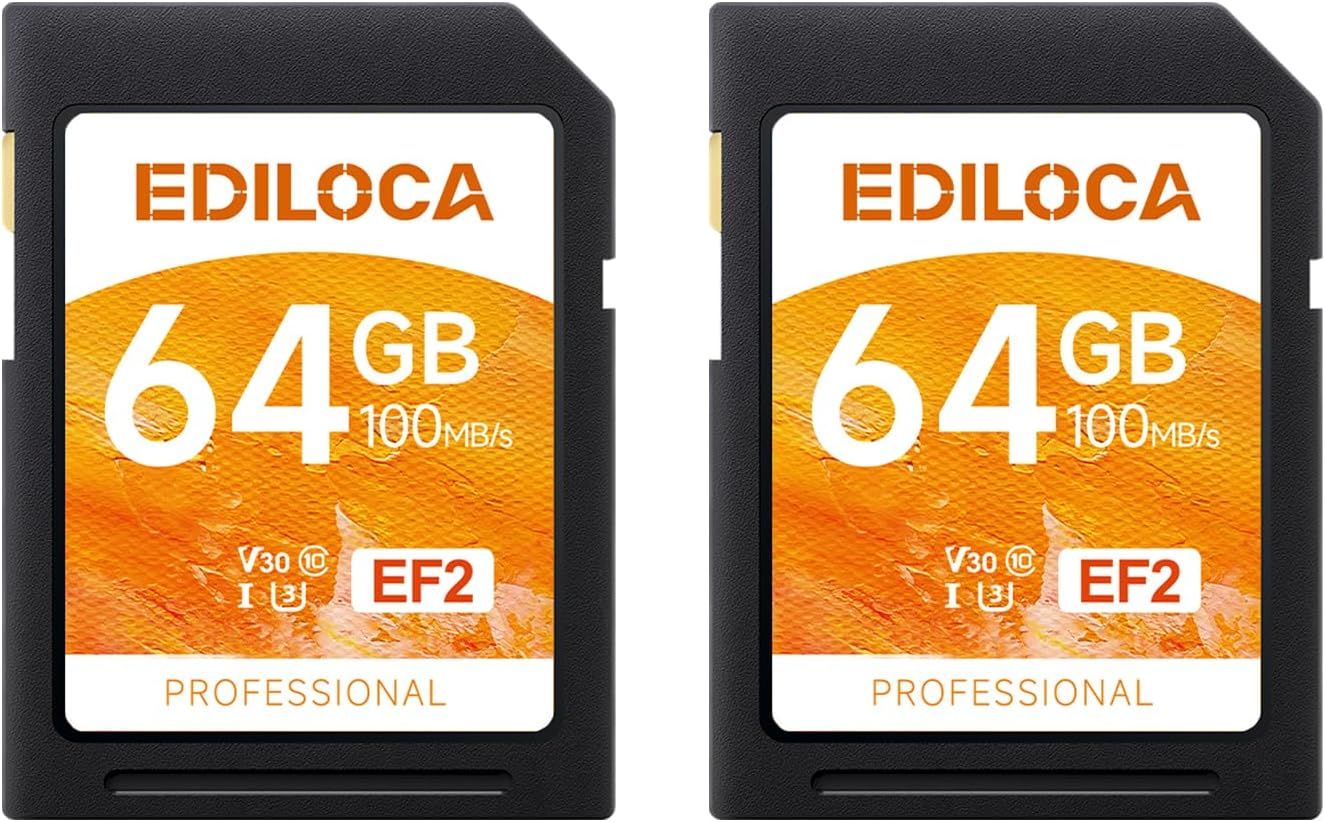 Ediloca 64GB 2 Pack 90/20MB/s, C10, U1, V10, 4K 64GB, EF2-2PCS UHS-I SD Card UHS-I Memory Card Fast Storage, Read/Write