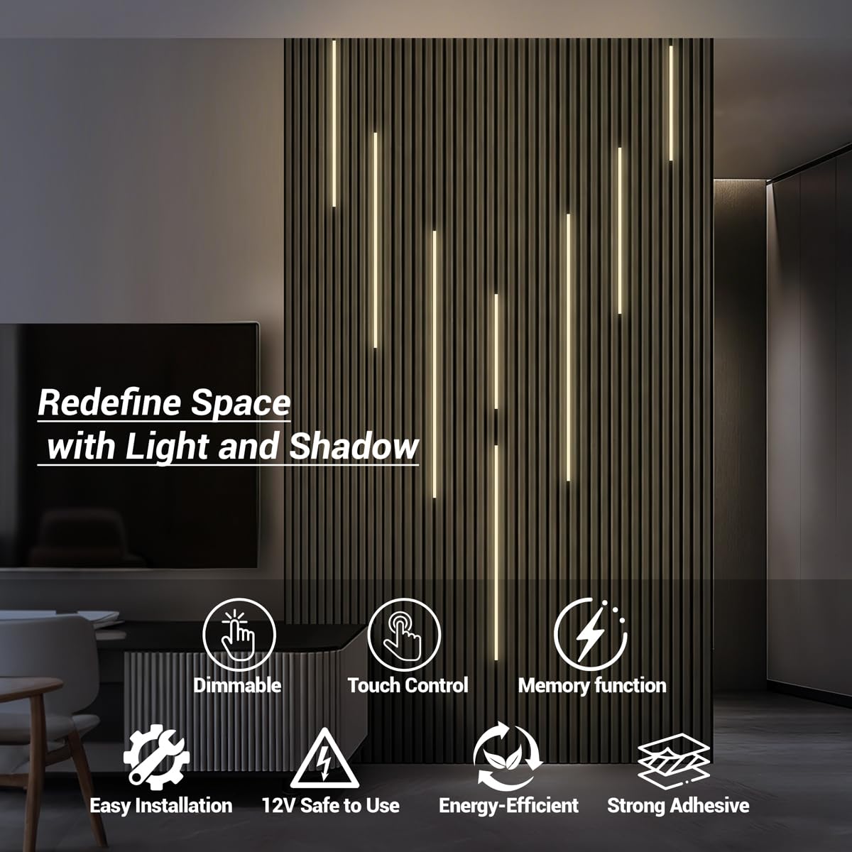 HAMRVL Black LED Recessed Lighting Kit - 8 PCS 3000K Warm White LED Strip Lights with Touch Control, Dimmable Self-Adhesive Wall Panel Lights for Wood Slat Wall Panels, Under Cabinet (Black Cover)