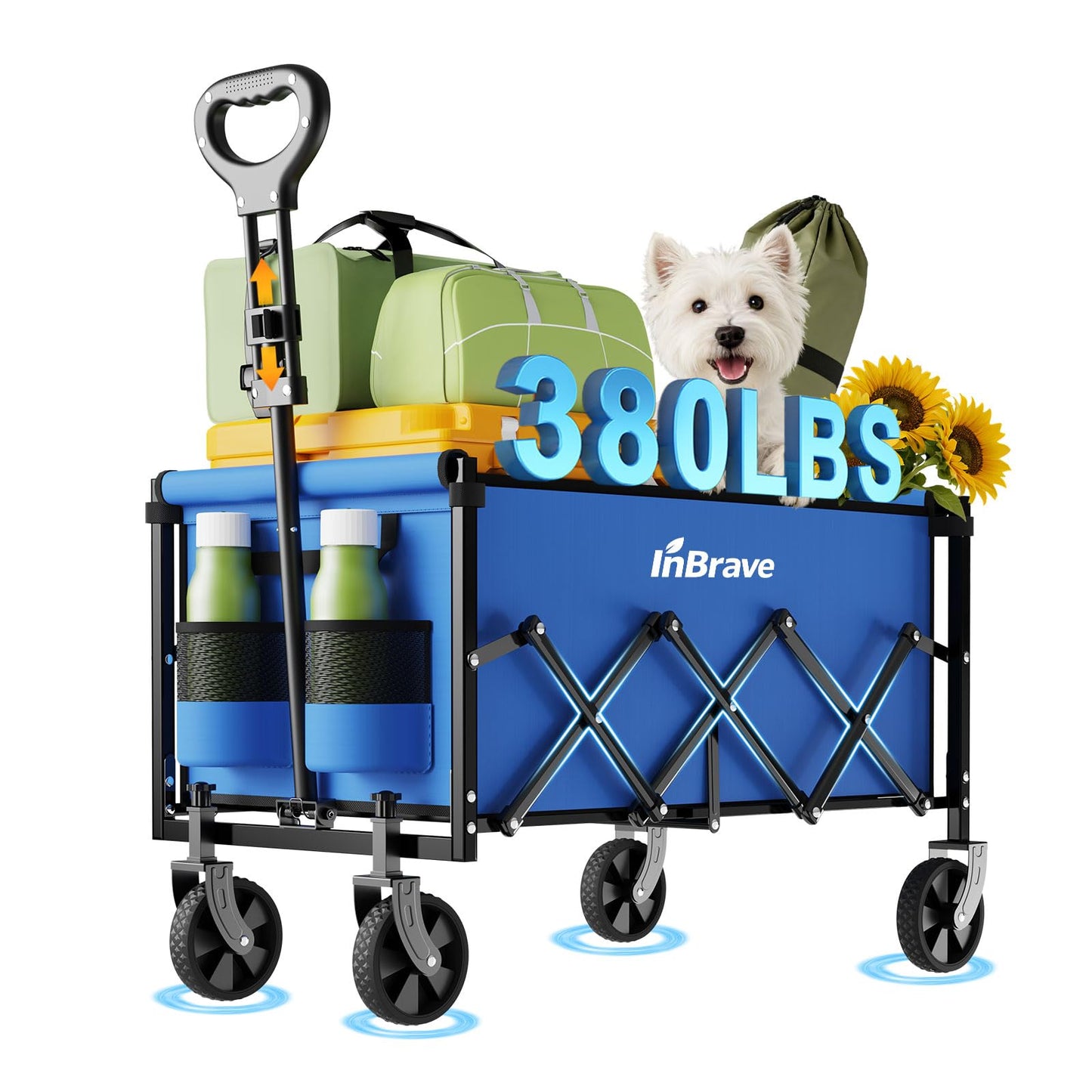 Collapsible Wagon Cart, 380LBS Heavy Duty Utility Wagons with All-Terrain Wheels, Foldable Grocery Carts for Gardening, Shopping, Beach, Camping (Blue)