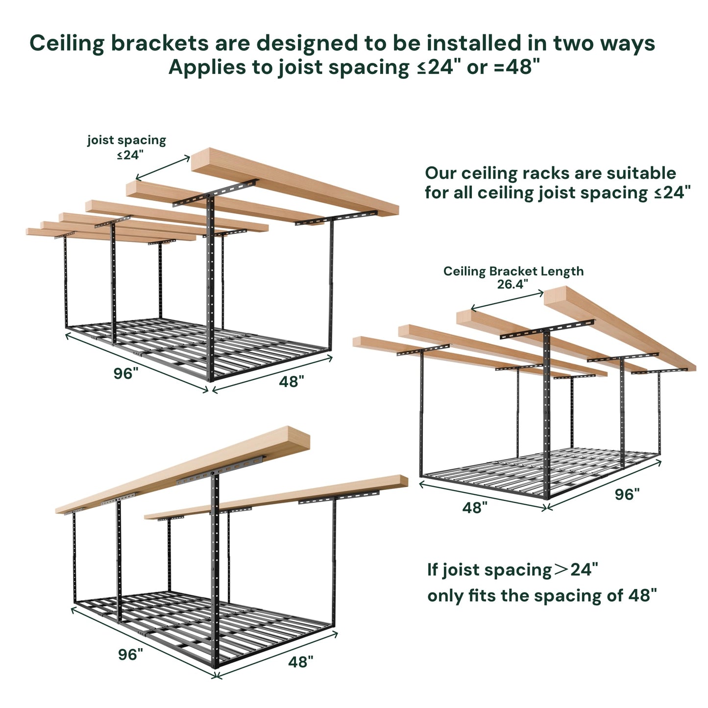 SunsGrove 4x8 Overhead Garage Storage Rack Organization, Adjustable Ceiling Mounted Storage Racks, 800LBS Weight Capacity, 22"-40" Ceiling Dropdown, Hammertone Black