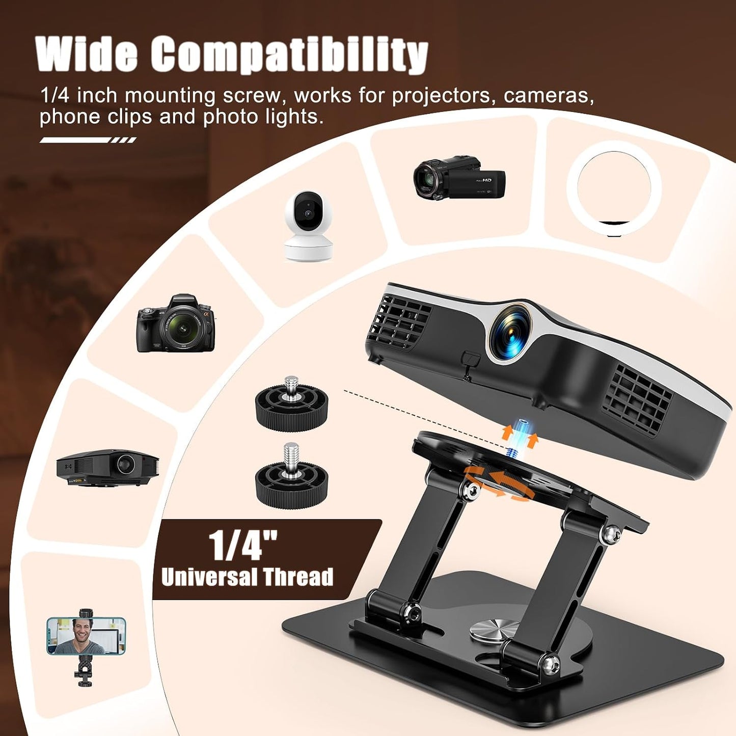 360 1/4" 22 Lbs Foldable Projector Stand, Rotatable Projector Mount Stand with Screw, Load Capacity and Carbon Steel