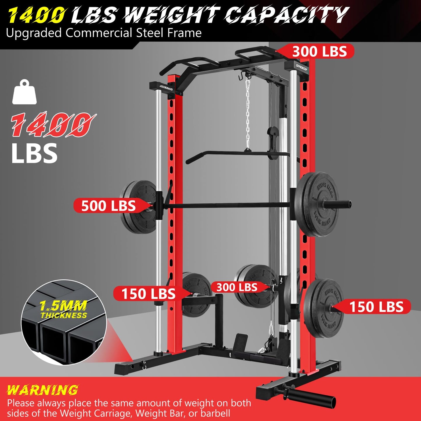 OPPSDECOR All-in-One Smith Machine Power Rack with LAT Pull Down System, Pull Up Bar, Barbell Bar, Plate Storage Pegs and More Training Attachment, Heavy Duty Smith Machine Home Gym (BlackRed)
