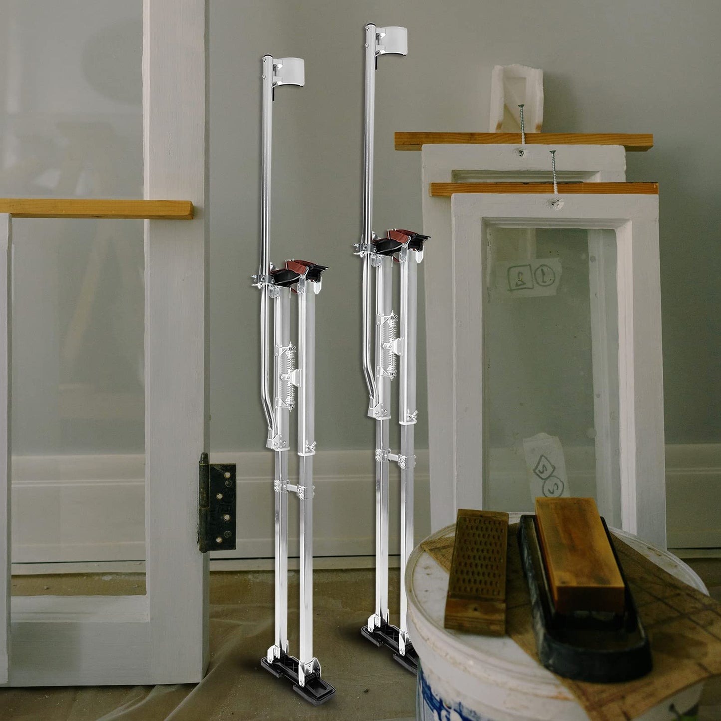 48 inch -64 inch Professional Grade Adjustable Drywall Stilts Taping Paint Stilt Aluminum Tool Stilt for Painting Painter Taping Silver