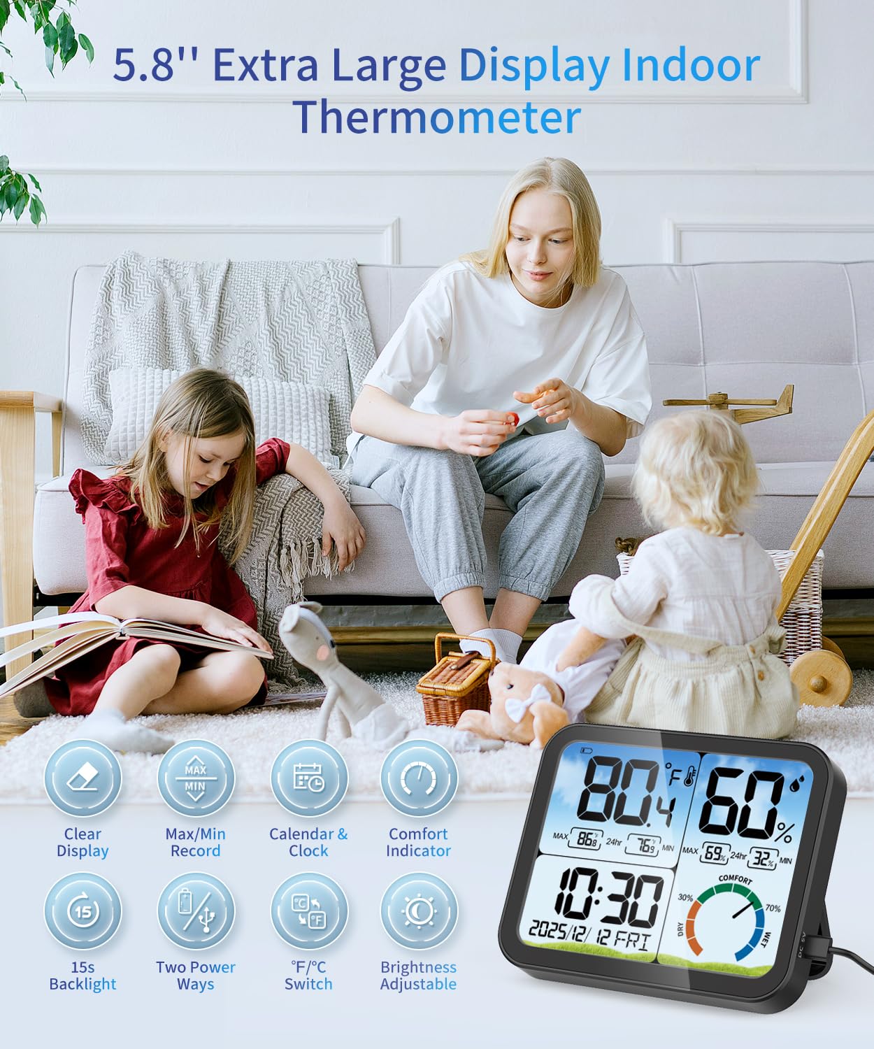 VOCOO Digital Indoor Room Thermometer - 5.8'' Large Display with Accurate Temp & Humidity Monitoring | Backlit, Max/Min Records, Date & Clock
