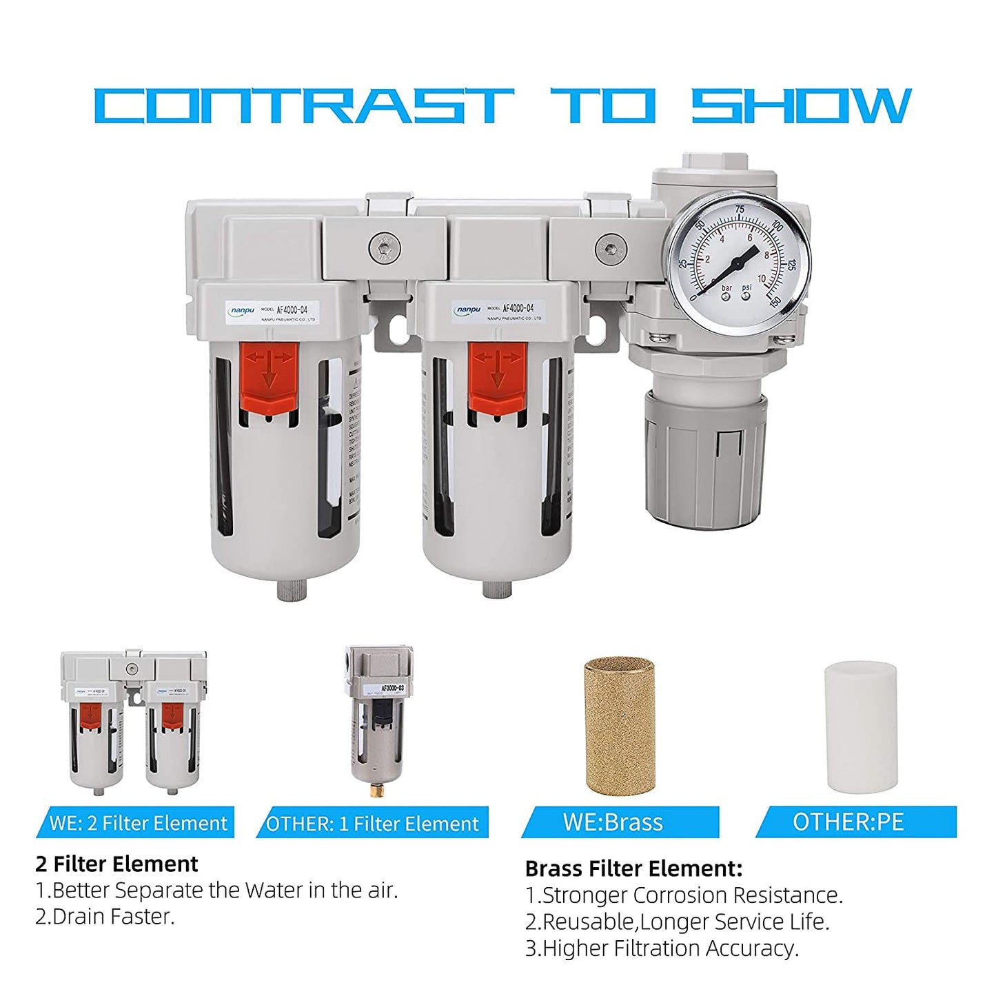 NANPU 1/2" NPT Air Drying System - Double Air Filters, Air Pressure Regulator Combo - Semi-Auto Drain, Poly Bowl