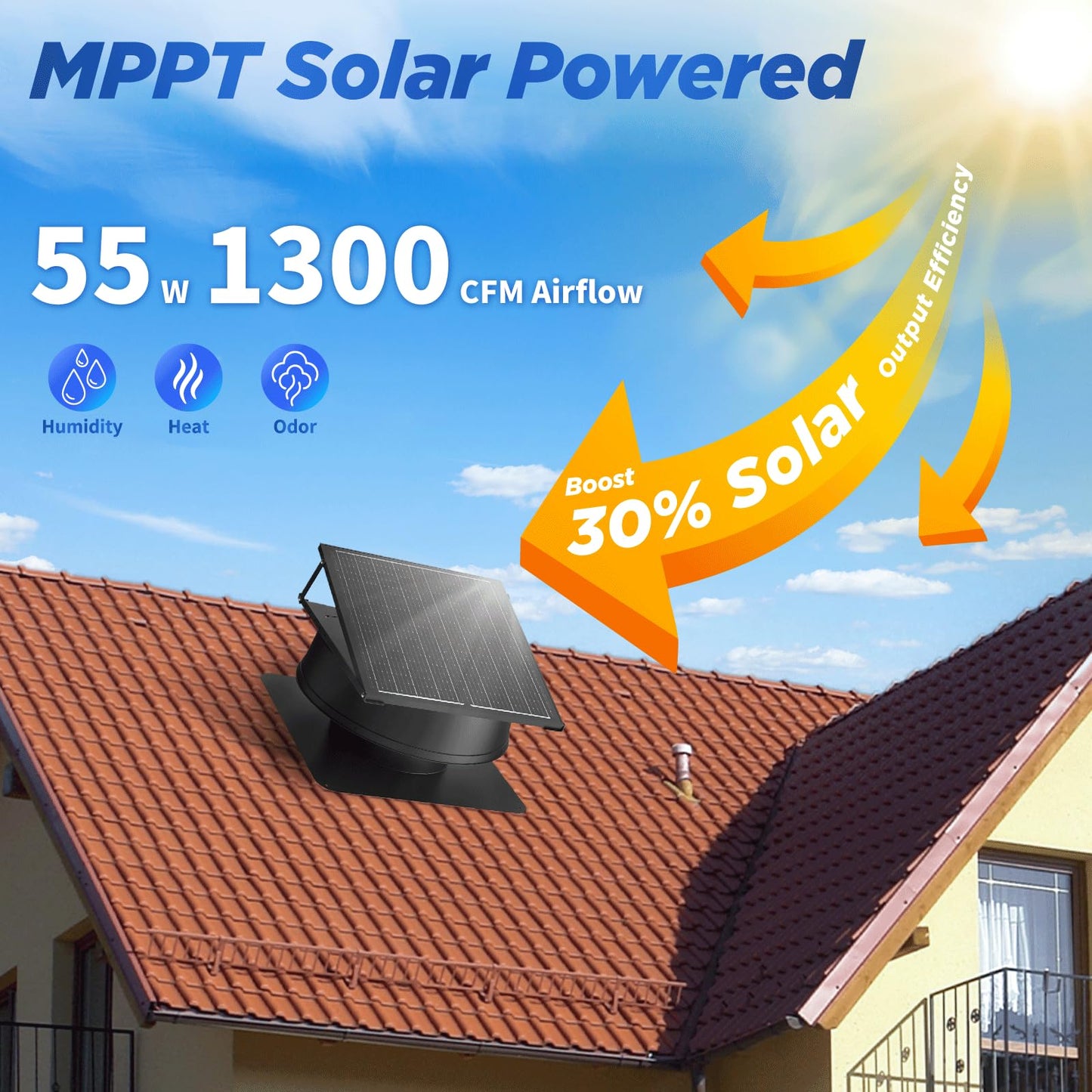 BINGLUX 55W Solar Attic Fan with Thermostat, 12" 1300CFM Hybrid Solar Roof Vent Fan, Brushless Waterproof Solar Powered Attic Exhaust Fan Auto On/Off for Roof, Attic, Garage, Shed, Greenhouse