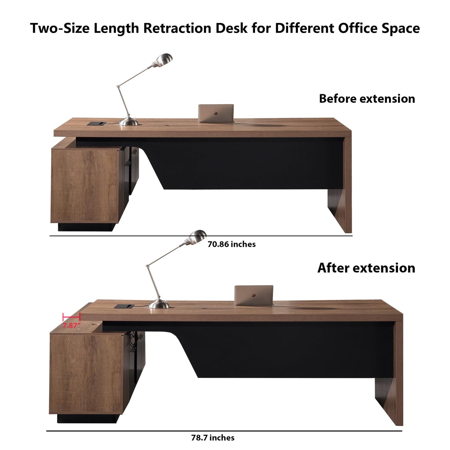 SAINTCY L-Shaped Executive Desk, Retractable Office Desk with Drawers, Large Wood Computer Desks Adjustable Width for Boss, Bussiness Owners, Manangers and Supervisors, (Right Return, 70.86" to 78.7")