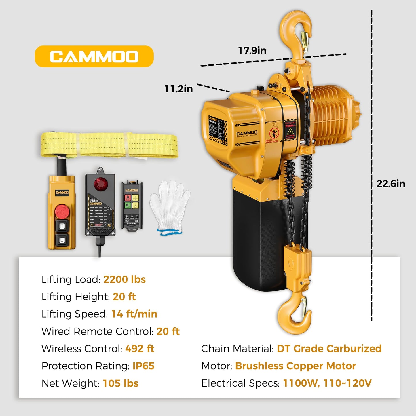 CAMMOO Electric Chain Hoist, 2200 lbs Load, 20 ft Lifting Height, Extended 492 ft Wireless & 20 ft Wired Remote Control, Brushless Copper Motor, DT Carburized Chain, IP65 for Warehouse, Construction