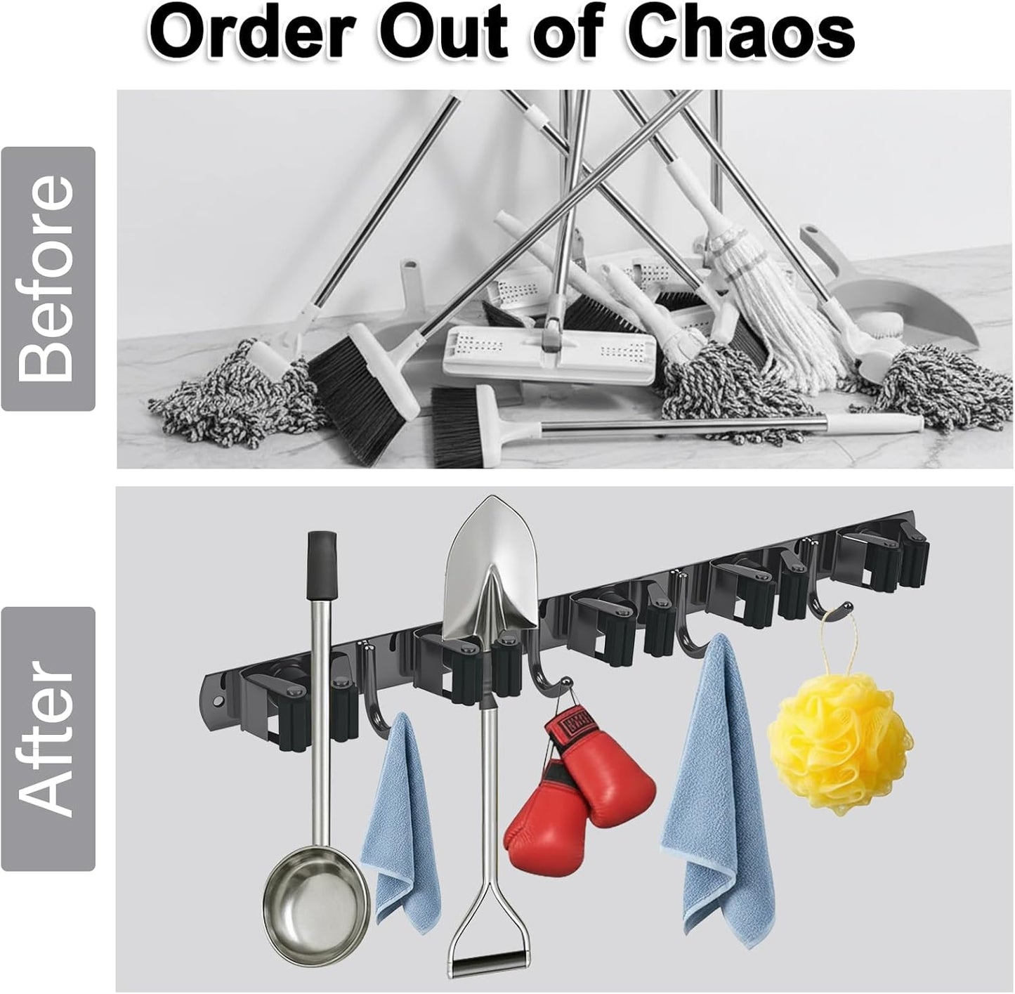 Skiennix Mop and Broom Holder - Heavy Duty Wall Mount Organizer with 5 Racks & 4 Hooks | Non-Slip, Self-Adhesive