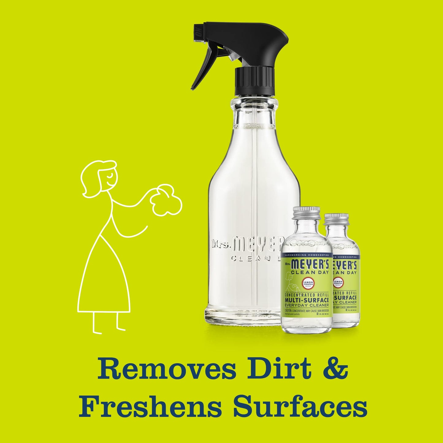 MRS. MEYER'S CLEAN DAY Multi-Surface Cleaner Dispenser and Concentrate Starter Kit, 1 Glass Dispenser (16 Fl. Oz.) and 2 Concentrated Refills (2 Fl. Oz. each), Lemon Verbena, Makes 32 Fl. Oz. Total
