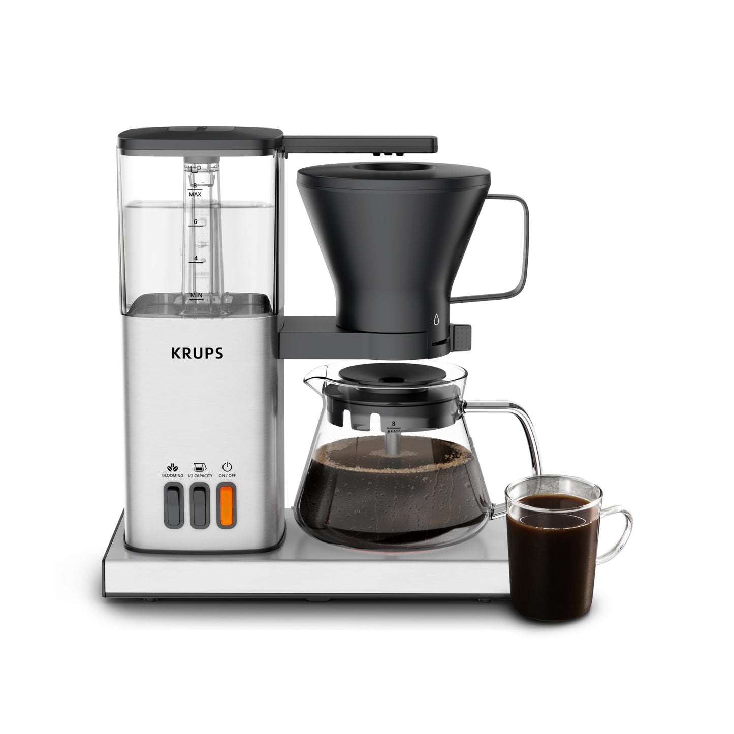 KRUPS Essential Brewer 8 Cup Drip Coffee Maker Machine, SCA-Certified, Blooming Technology, Barista-Quality, Pour Over Coffee Machine, Easy to Clean, Stainless Steel Design, Silver