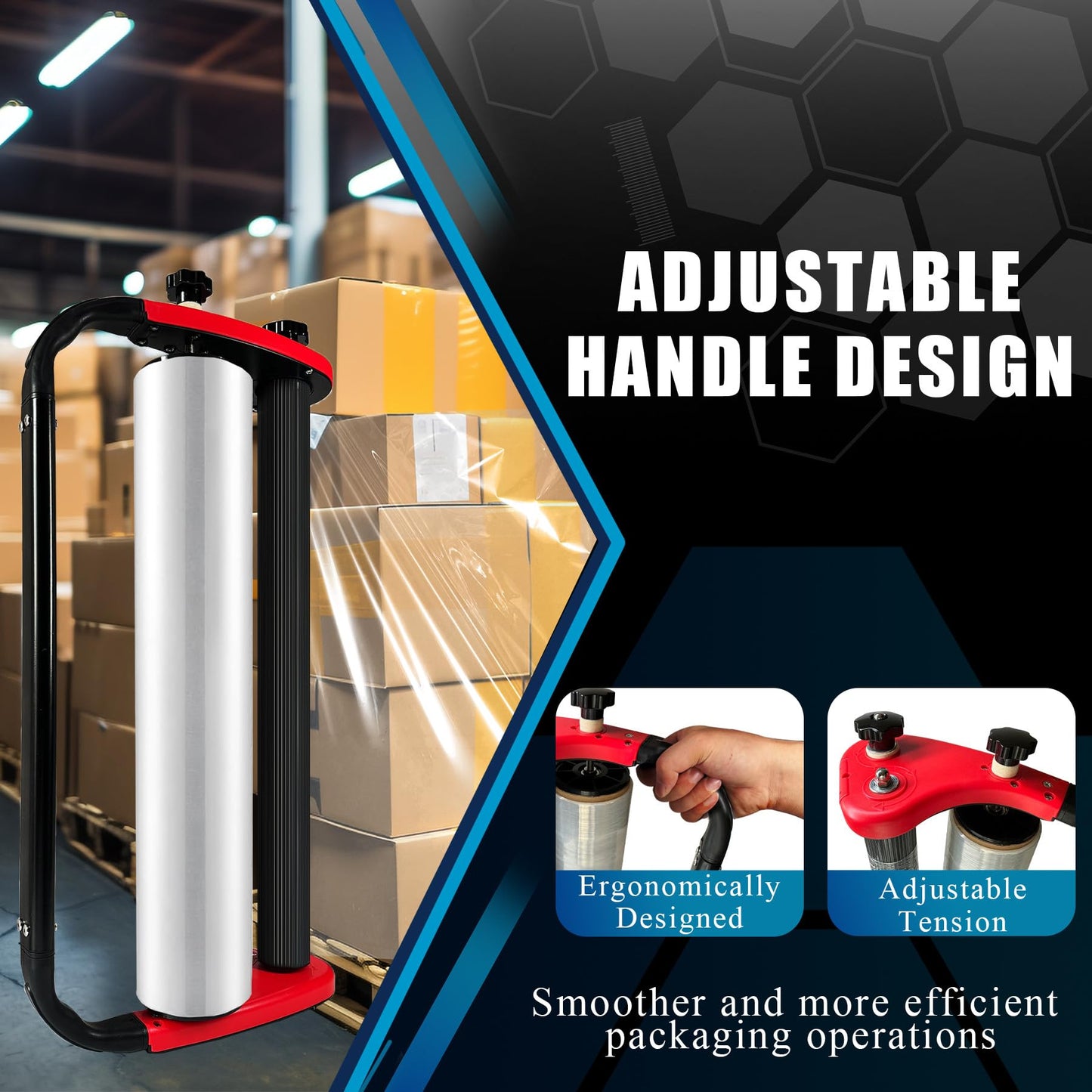 Ergonomic Stretch Film Dispenser - Reduces Operator Fatigue, Shrink wrap Handle for Warehousing, Logistics, Pallets, Commercial, and Home Use (18-in Dispenser for 18-in Stretch Film)