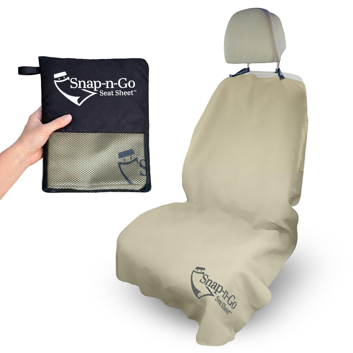 Car Seat Towel Cover After Gym Workout Yoga Pets | Snap-n-Go Seat Sheet™ Universal Fit with Headrest Post Straps, Quick-Dry Washable Sweat Protector for Cars, Trucks, SUVs Interior Protection (Beige)
