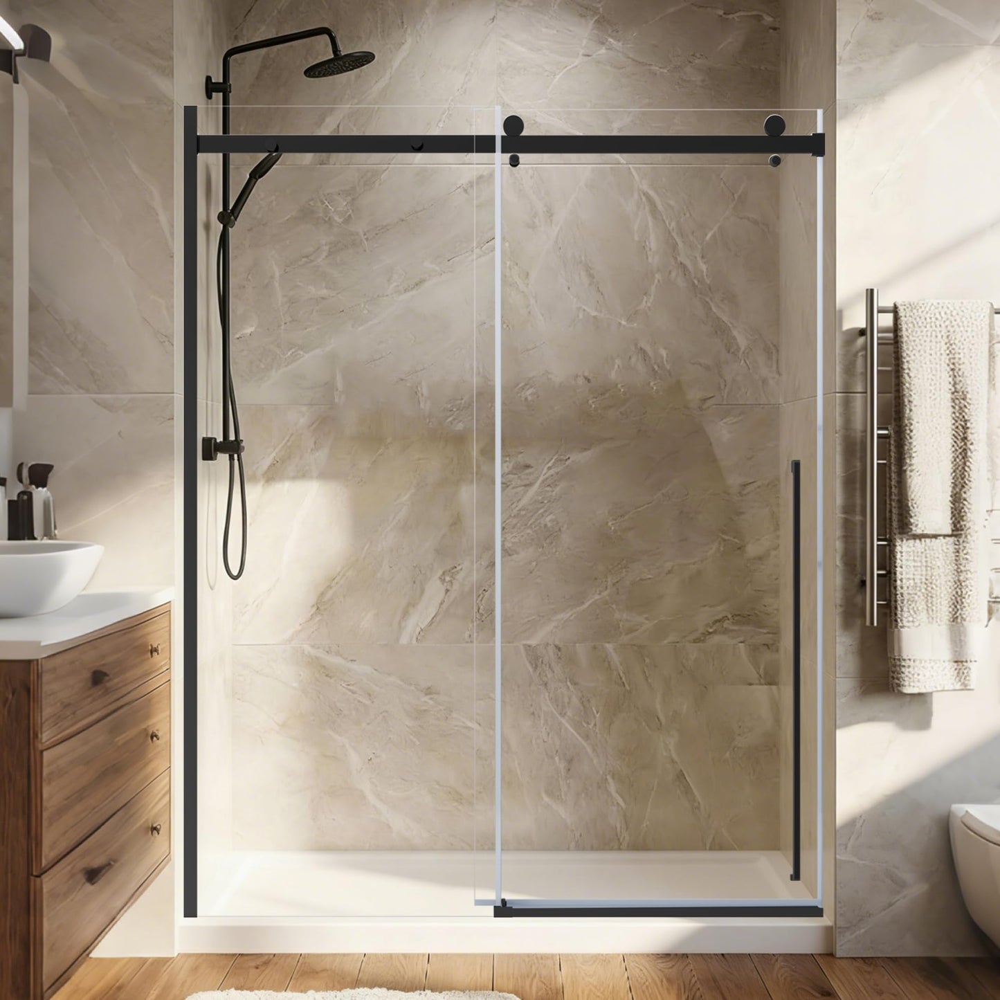 MORVANO Glass Shower Door 56-60" W x 75" H,Sliding Shower Door with 5/16" (8mm) Clear Tempered Glass,Black Glass Door with Explosion-Proof Film,Frameless Shower Door with Reversible Installation