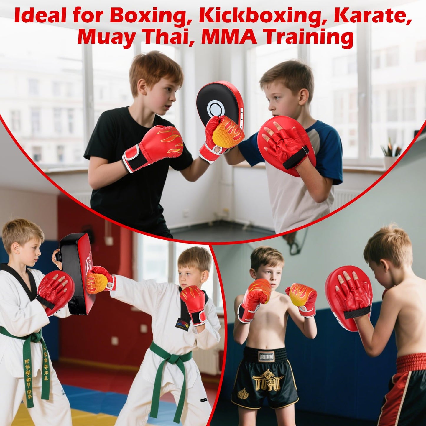 3-in-1 Boxing Gloves Punching Mitts Kick Pack Set for Kids, Curved Boxing Mitts Focus Pads, Adjustable Taekwondo Kick Pad, Gloves for Kicking Karate Kickboxing Muay Thai MMA Training