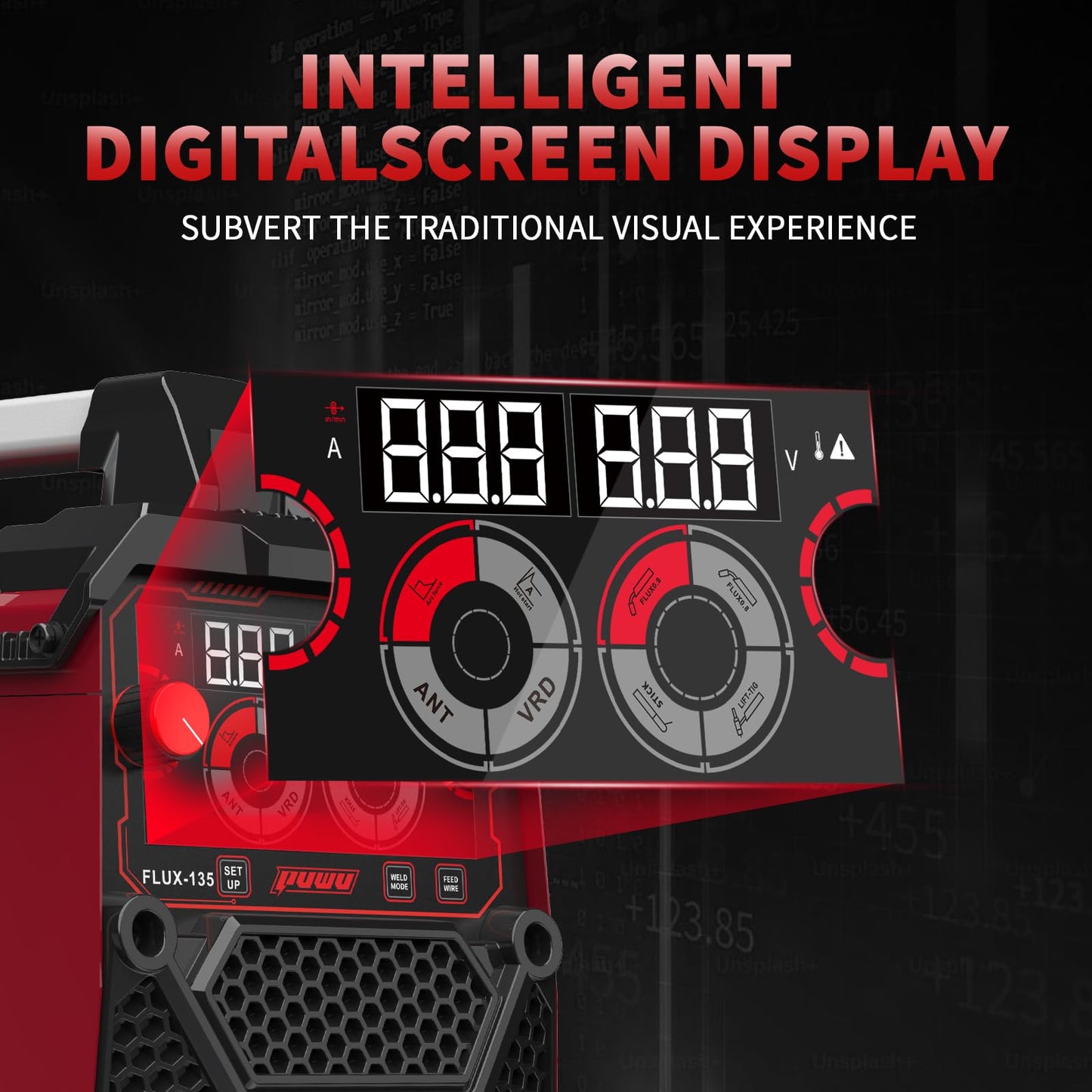 PUWU 135Amp 110V MIG Welder,Flux Core MIG/Lift TIG/Stick 3-in-1 Multiprocess Welder,IGBT Inverter Large LED Digital Display Welding Machine(RED)