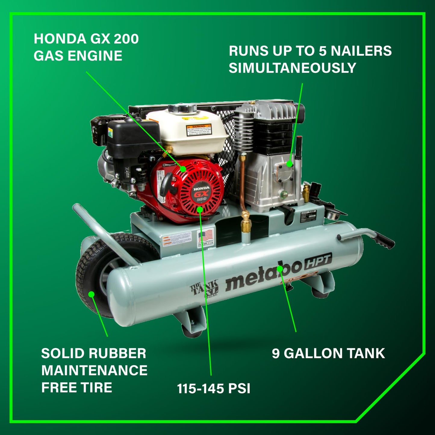 Metabo HPT Air Compressor, THE TANK XL, 9-Gallon Gas Wheelbarrow Compressor, Honda GX 200 Engine, Versatile for Use with Framing, Roofing Nailers, or Siding, Assembled in the USA, EC2610EA