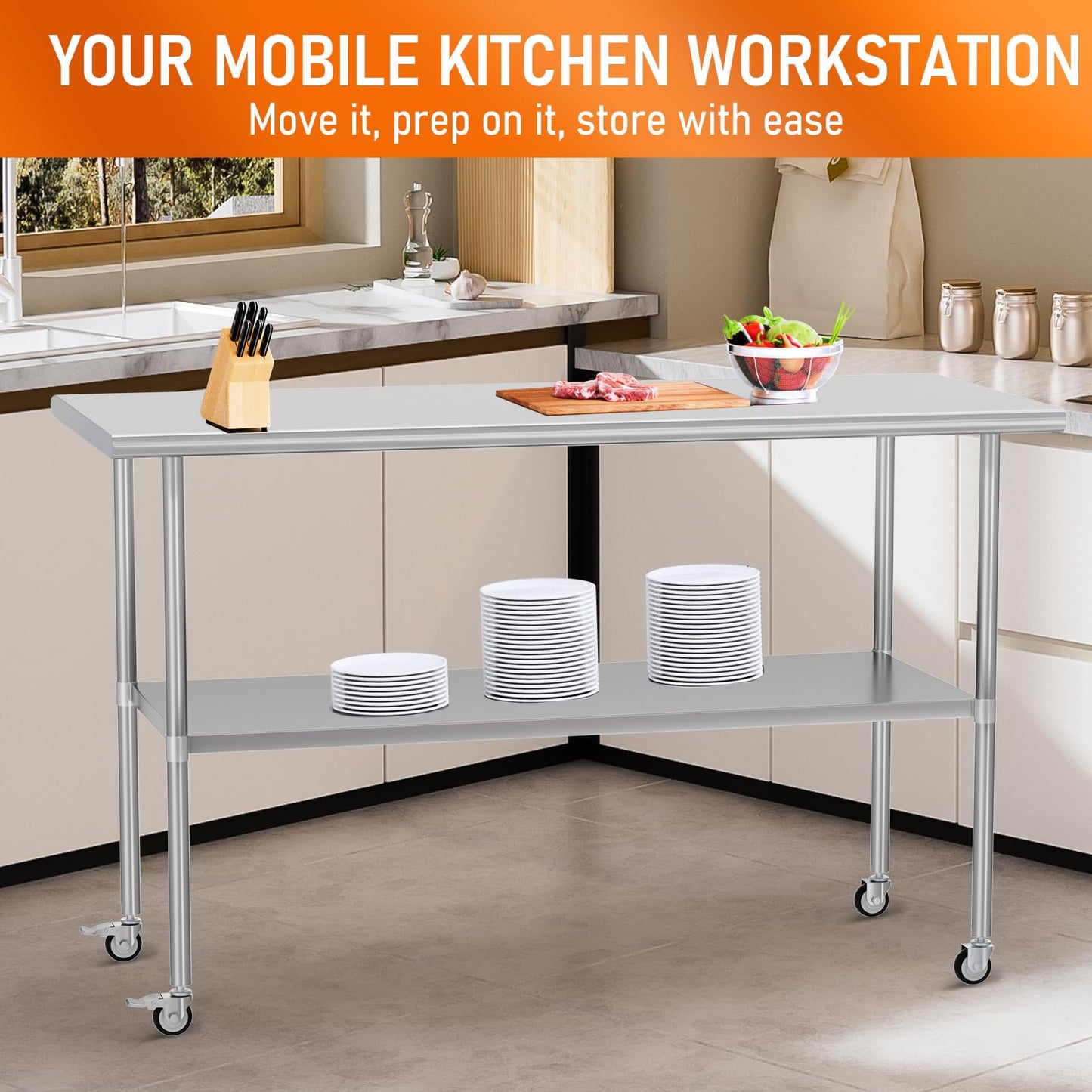 HOCCOT Stainless Steel Table with Wheels 24" x 60" Utility Worktable with Adjustable Undershelf for Commercial Kitchen, Garage, Restaurant