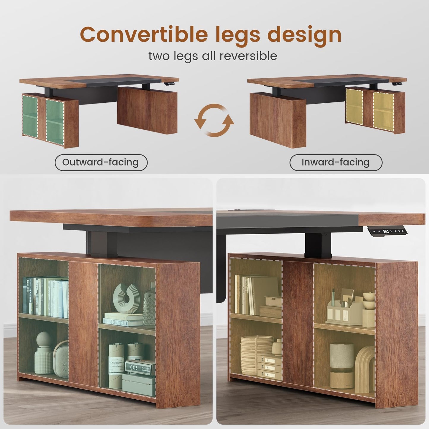 SEDETA 63" Executive Standing Desk with Storage, Executive Height Adjustable Desk with Power Outlets, Large Computer Office Desk with Privacy Panel for Home Office, Warm Golden Brown