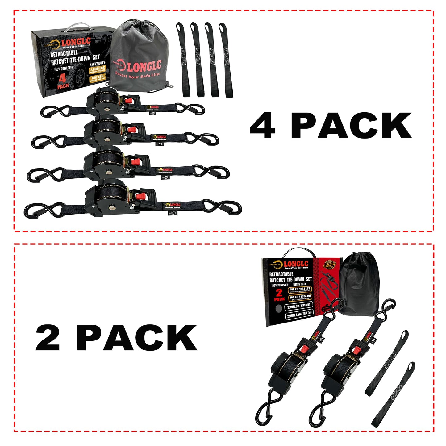 LONGLC 4-Pack Retractable Ratchet Straps Black Heavy Duty - 1 Inch X 10Feet with Soft Loops, 2,000lbs Breaking Strength - Best for Trucks, Cargo Trailer, Motorcycle, Tie Down Straps Ratchet