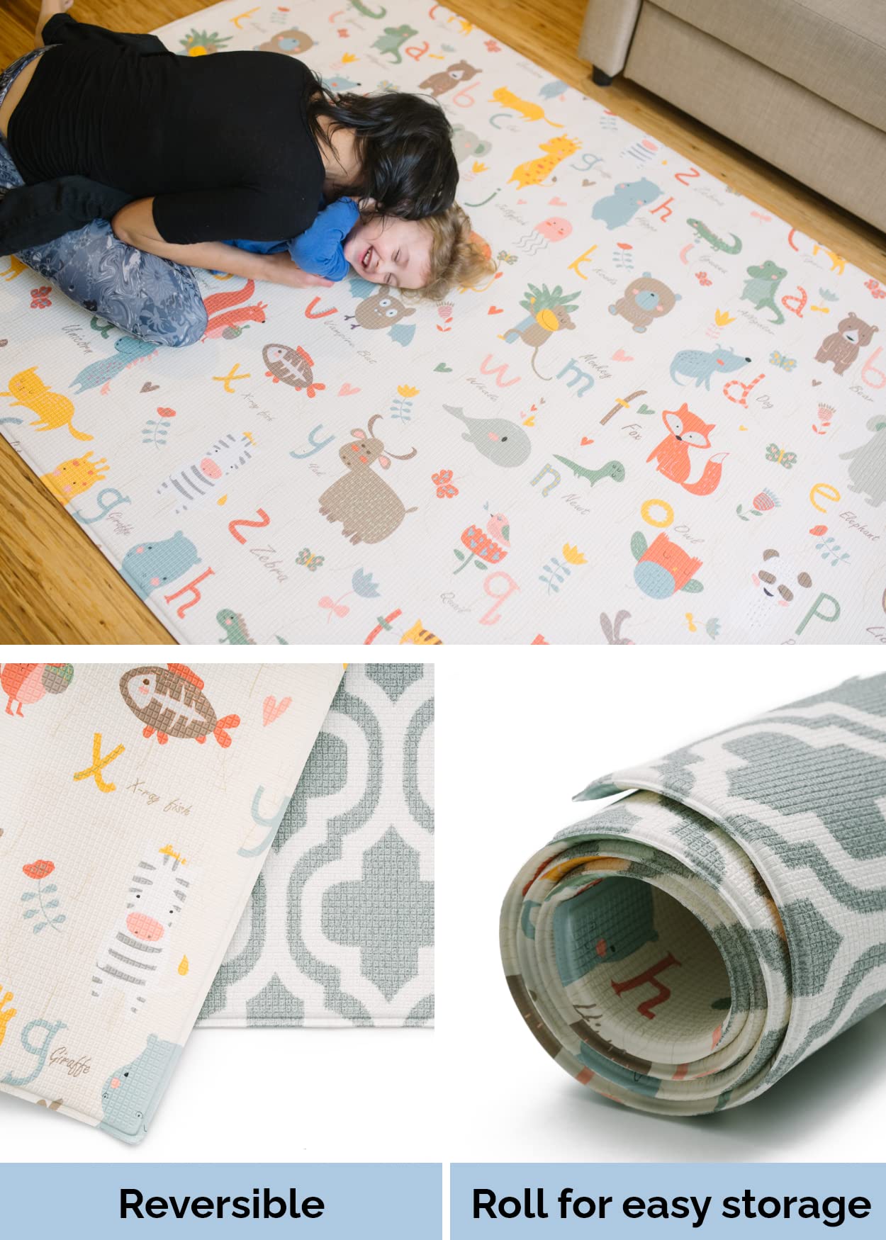 Baby Care Play Mat (Large, Moroccan - Blue) 82'' x 55'' Original One-Piece Reversible Rollable Waterproof Play Mat for Infants, Babies, Toddler, and Kids