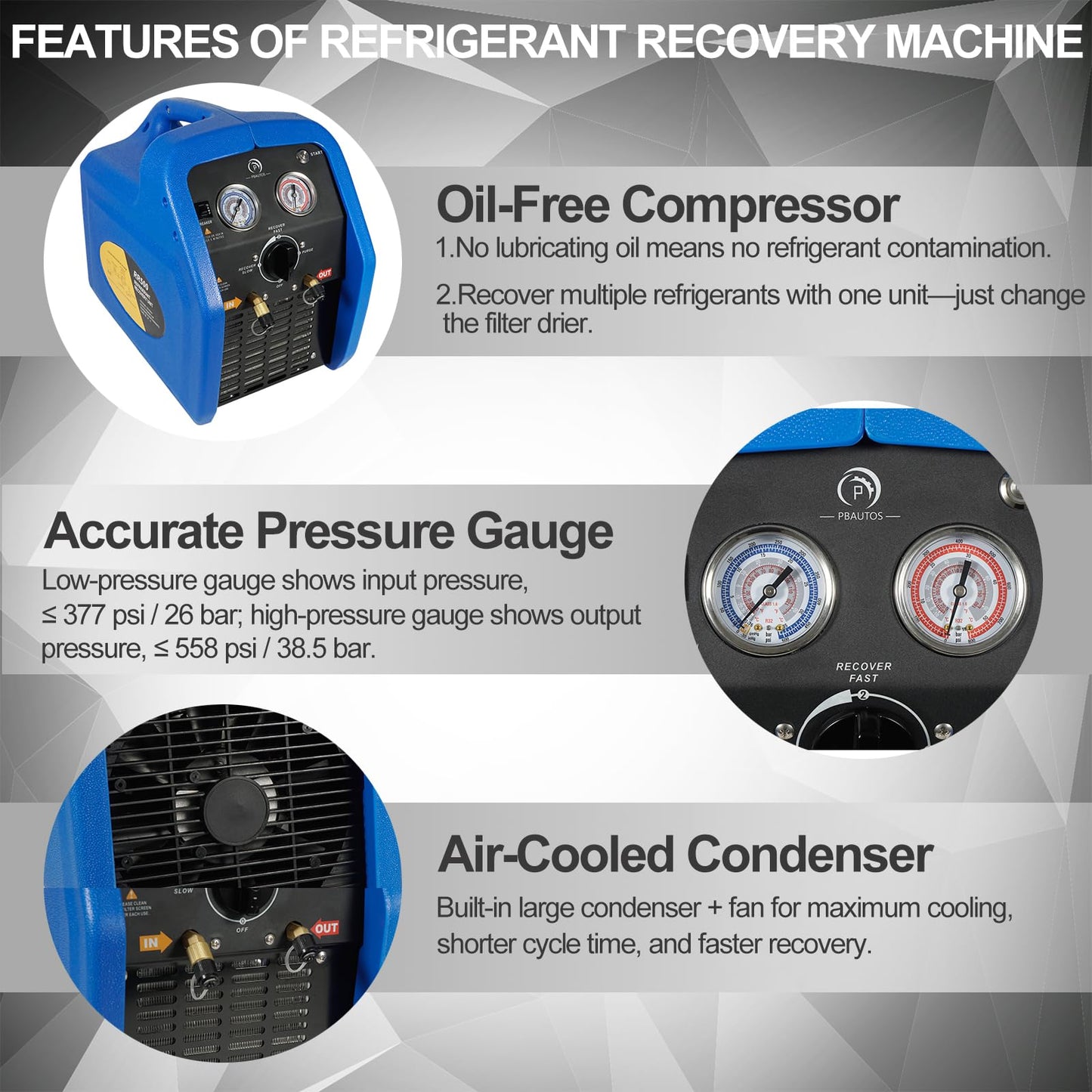 P PBAUTOS 1HP R1234YF R32 Refrigerant Recovery Machine, Oil-Less Dual Cylinder Portable Freon Recycling Unit 110V-120V for Automotive AC & Household HVAC Systems