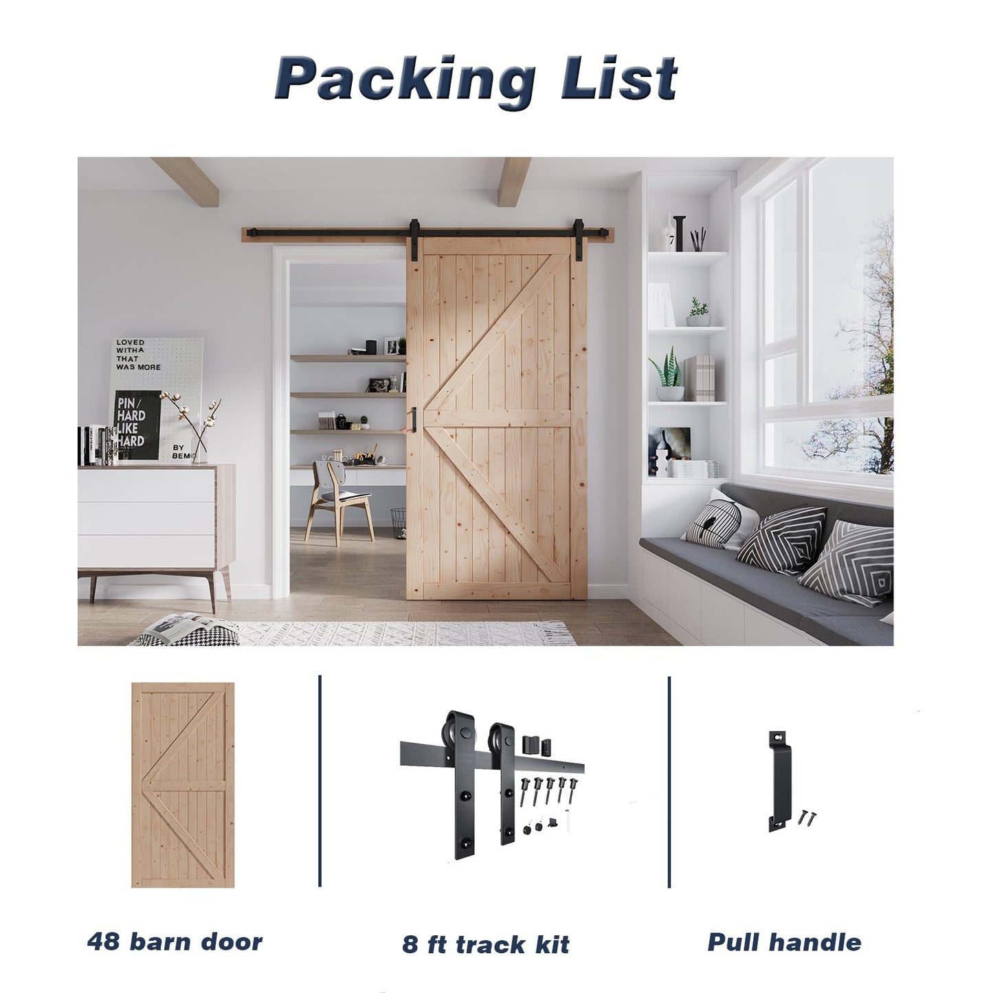FREDBECK 48in x 96in Wood Sliding Barn Door with 8FT Barn Door Hardware Kit Included K Shape Solid Spruce Panel Sliding Door Double Surfaces Need to Assembly