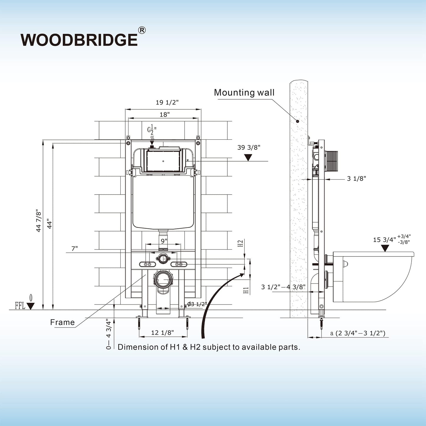 WOODBRIDGE In-Wall Toilet Tank with Polished Chrome Actuator Plate, 0.8 GPF/1.60 GPF Dual Flush,Carrier System for 2 x 4 stud installation, WHTA001