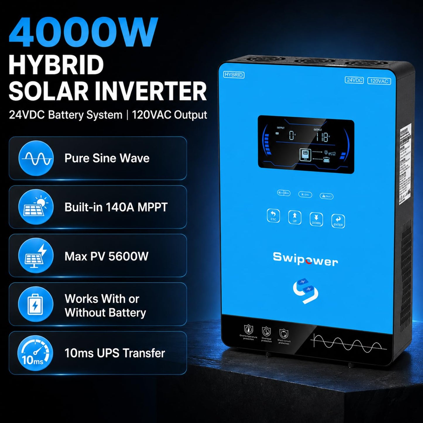 SWIPOWER 4000W Hybrid Solar Inverter 24V DC to 110V AC Pure Sine Wave, 6.25" Touch LCD with Glass Top, 140A MPPT Charge Controller, Home RV Cabin Use, Battery-Less/Lithium/AGM Compatible