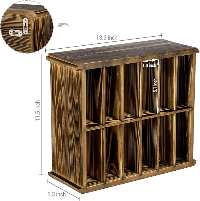 MyGift 12 Compartment Rustic Burnt Solid Wood Wall Mounted Dual Display Martial Arts Belt Holder with Top Trophy Storage Shelf in Horizontal or Vertical Mount