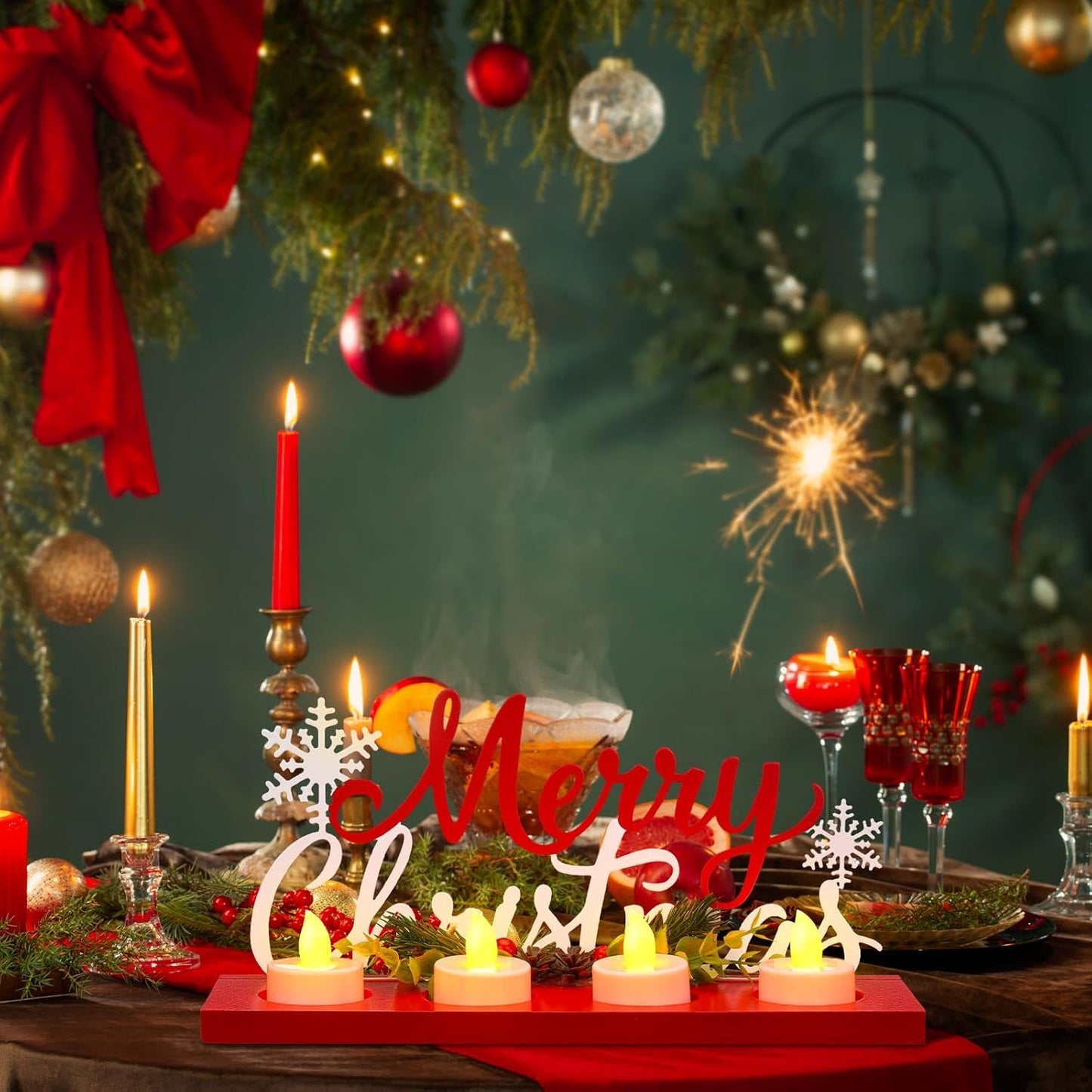 Rossesay Flameless Tea Light Candle Stand - Merry Christmas Table Centerpiece Decoration | Holiday Gift