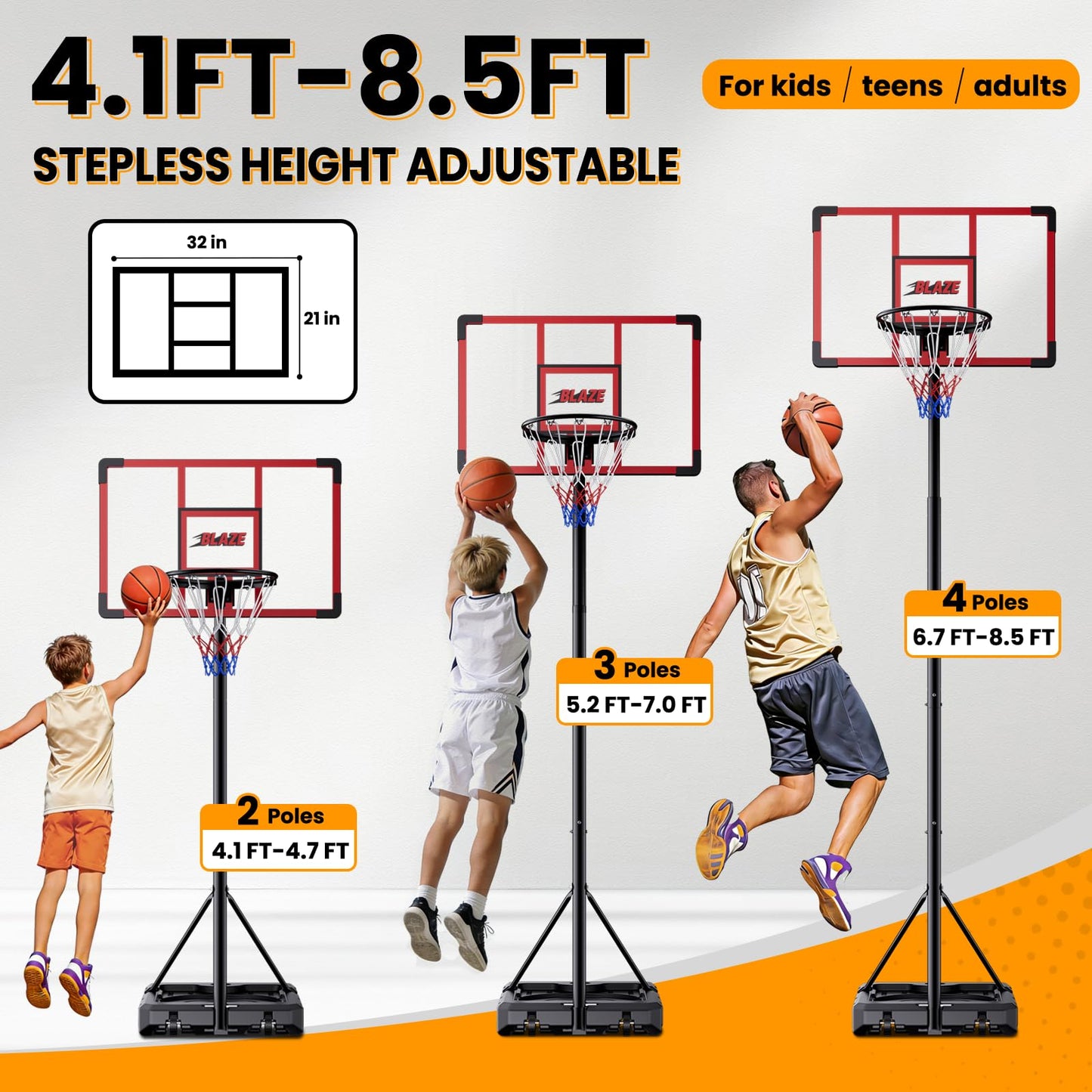 Portable Basketball Hoop 4.1–8.5FT Adjustable, 32" Shatterproof Backboard, Fillable Base with Weight Bag & Wheels, Outdoor Basketball Goal for Kids & Teens Backyard Driveway(Red)