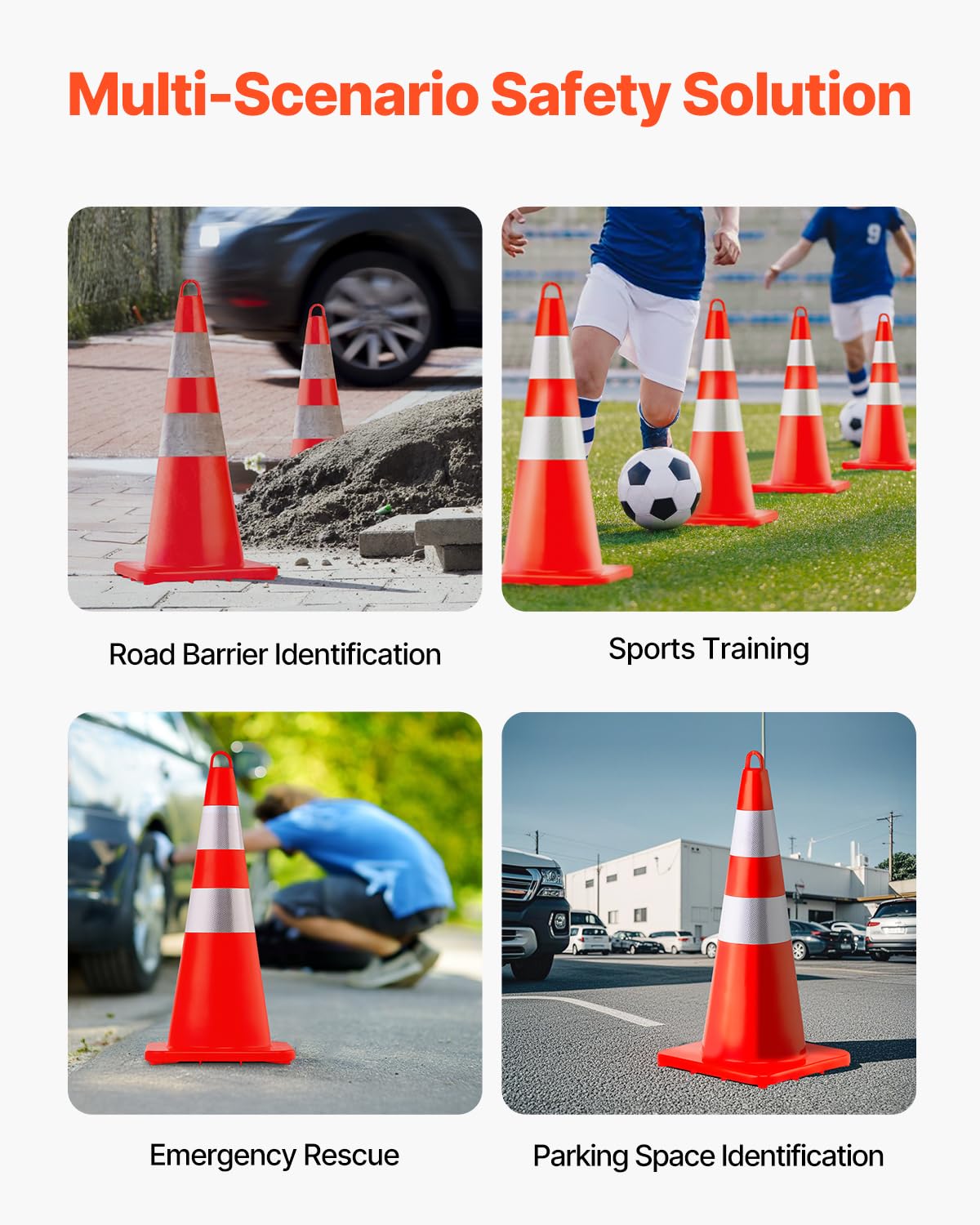 VEVOR Safety Cones, 12 x 28" Traffic Cones, PVC Orange Construction Cones, 2 Reflective Collars Traffic Cones with Weighted Base and Hand-Held Ring Used for Traffic Control, Driveway Road Parking