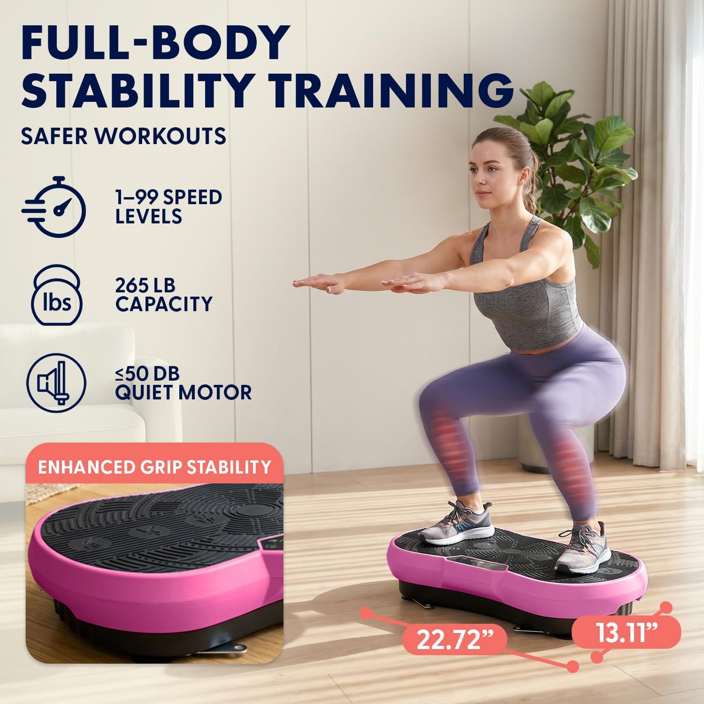 SQUATZ Vibration Plate Exercise Machine | Low-Impact Full Body Vibrator Plate with 99 Speed Levels & 9 Preset Programs | Resistance Bands & Remote Included | 265 lb Capacity | For Home & Office | Pink