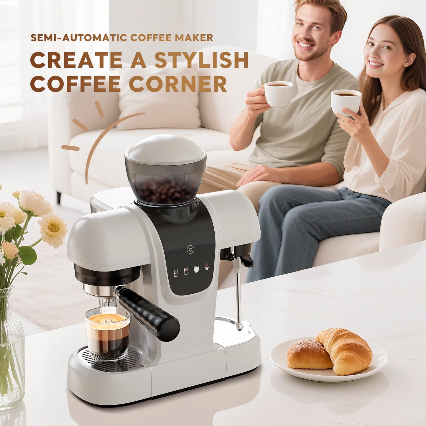 20 Bar Espresso Machine with Grinder & Steam Wand - Semi Automatic Coffee Maker, NTC Intelligent Temp Control, 58mm Stainless Steel Portafilter, One-Touch Panel for Home Barista (Removable Water Tank)