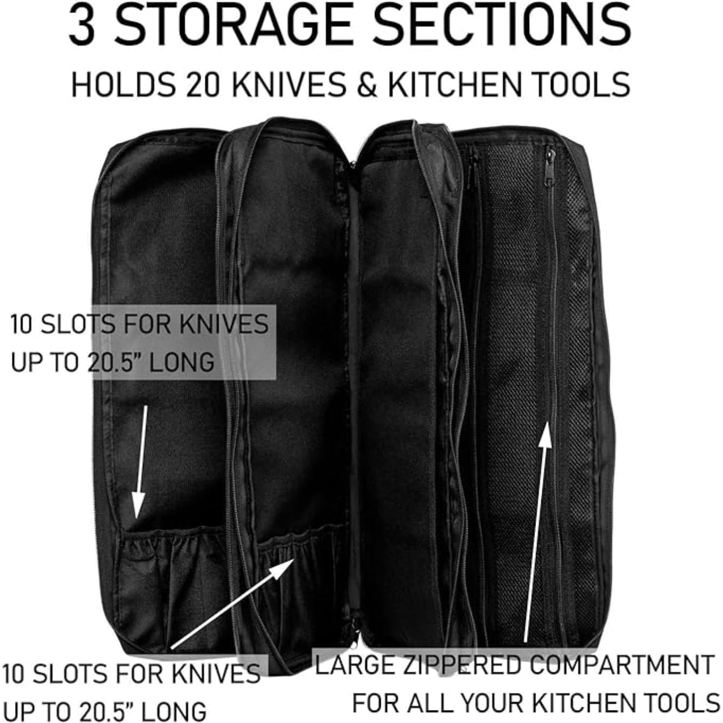 EVERPRIDE Chef Knife Bag Holds 20 Knives PLUS Large Zippered Compartment for Kitchen Tools – Durable, Large Knife Bag for Chefs – Knives Not Included