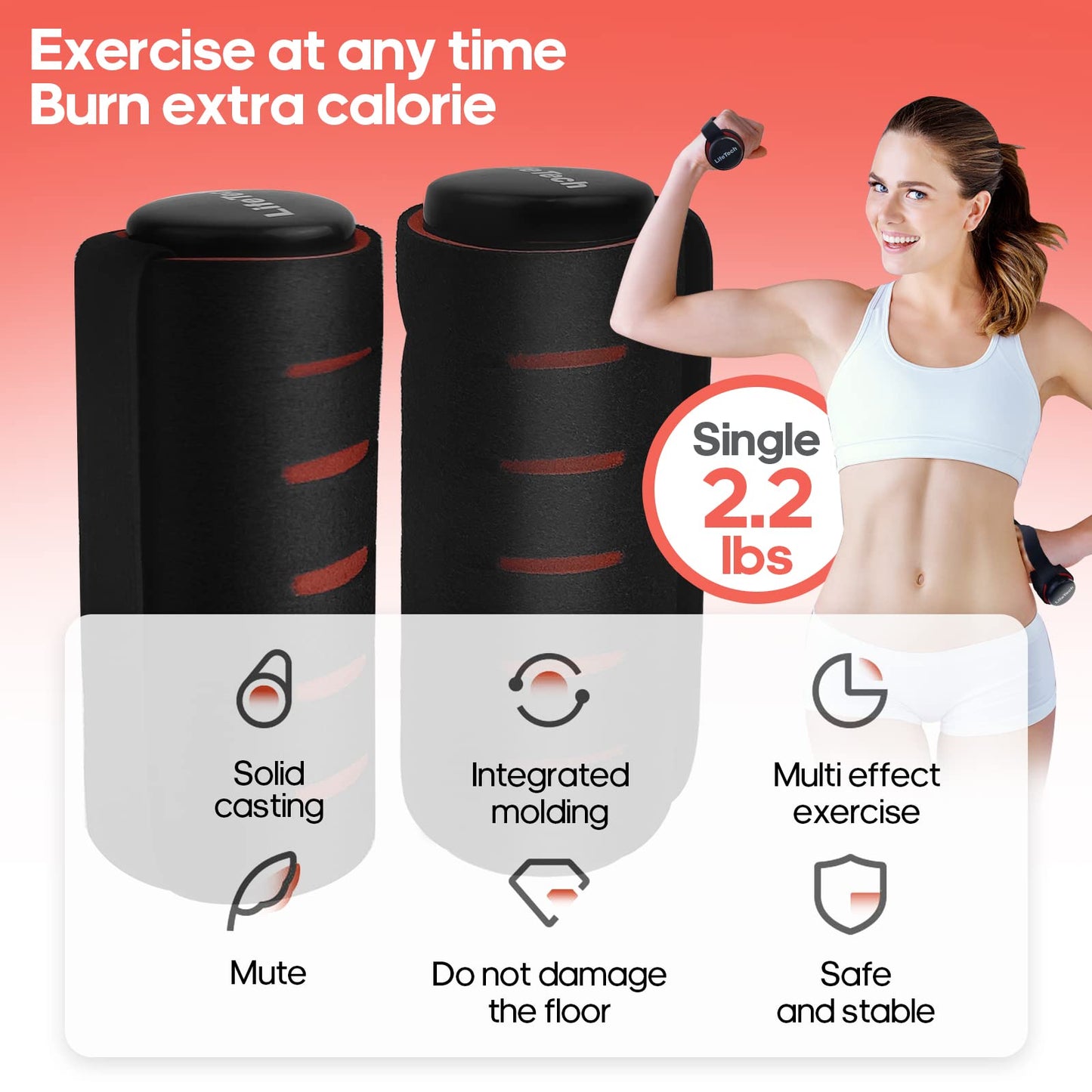 LifeTech Hand Weights for Walking, 2.2 lbs Dumbbells Set of 2 with Anti-Slip Foam Padding, Soft Grip Jogging Handweights for Fitness Training, Cardio Dumbbells 1kg/2.2lbs each black&red