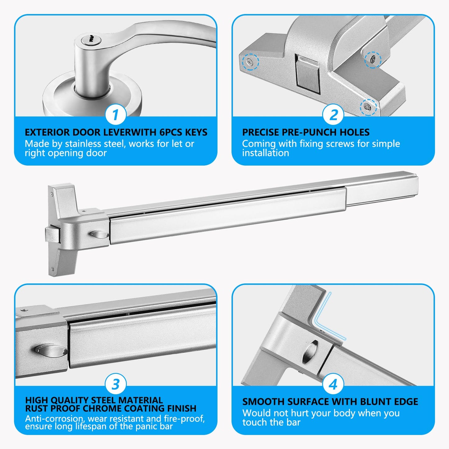 Commercial Door Push Bar Panic Exit Device with Exterior Lever - 31.5”/80cm Stainless Steel Panic Bars for Exit Doors, Emergency Exit Panic Door Hardware for 32”-48” Wood Metal Door, Silver