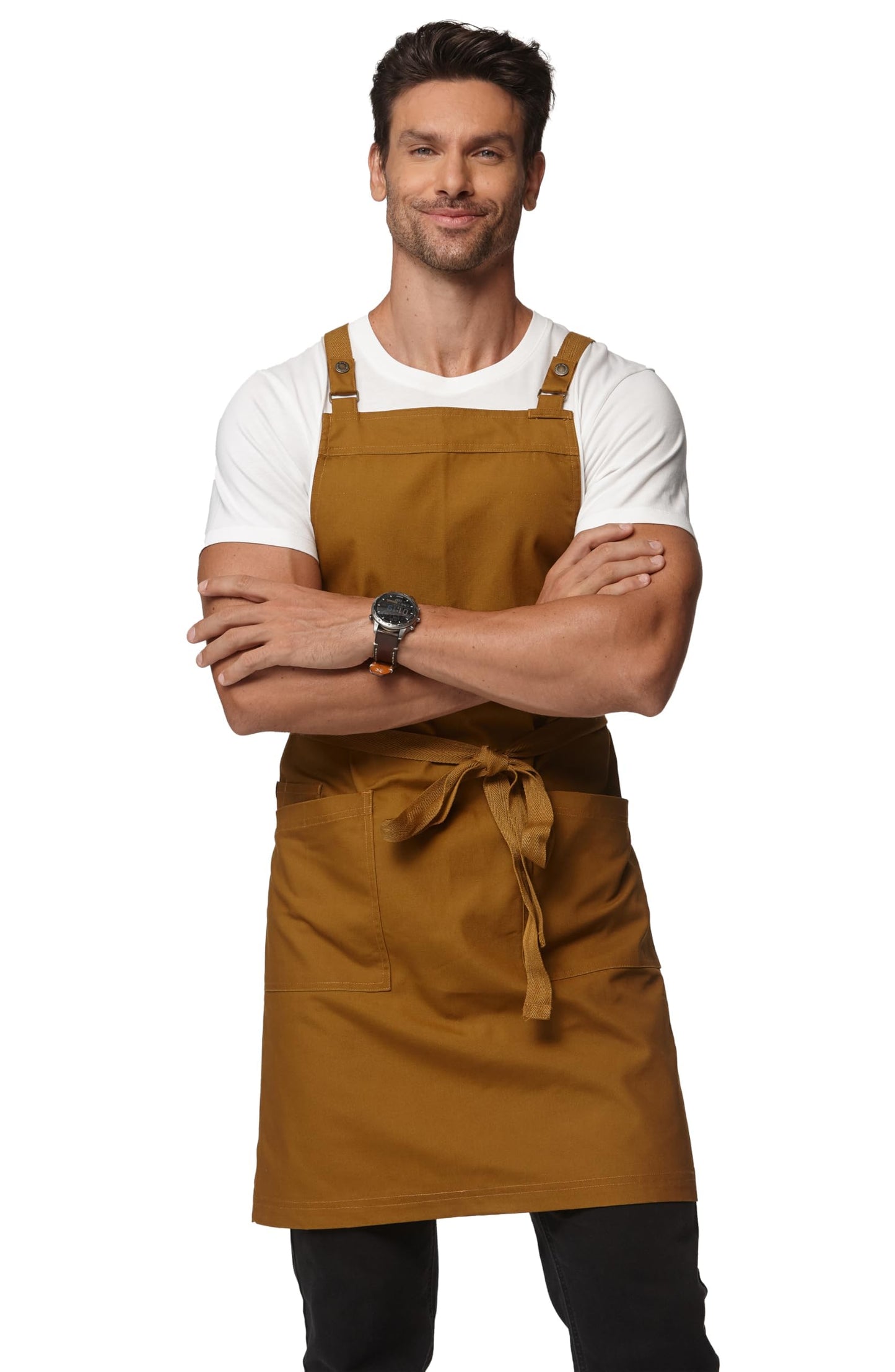 Guolamy Unisex Kitchen Apron, Cross Strap Apron with 2 Pockets, Durable Waterproof Professional Apron 4251JC(Ginger, 1 Pack)