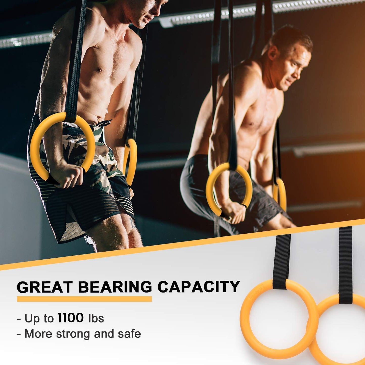 PACEARTH Gymnastic Rings Orange/Green/Red/Black/Grey 1100lbs Capacity with 14.76ft Adjustable Buckle Straps Pull Up Exercise Rings Non-Slip Rings for Home Gym Full Body Workout (Yellow)