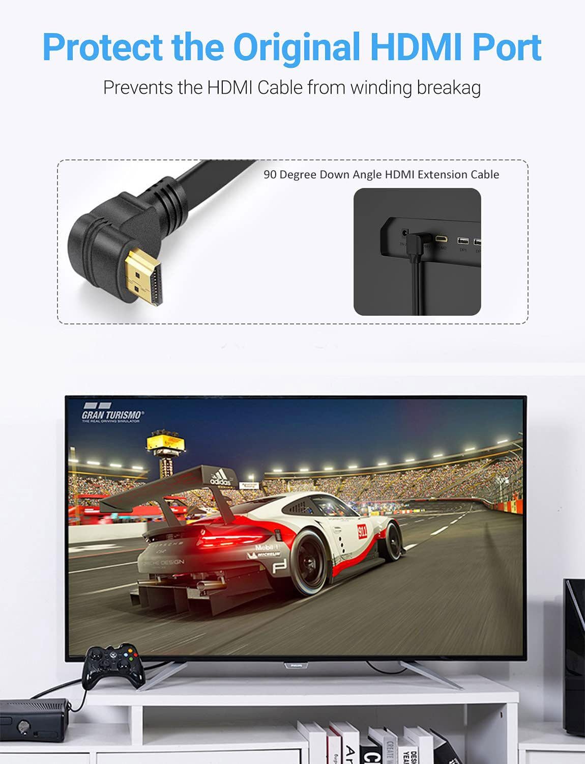 URWOOW 90 (1 Flat Slim High Speed HDMI Male to Male Extension Cable Degree Down Angle Feet) Adapter Converter Cable