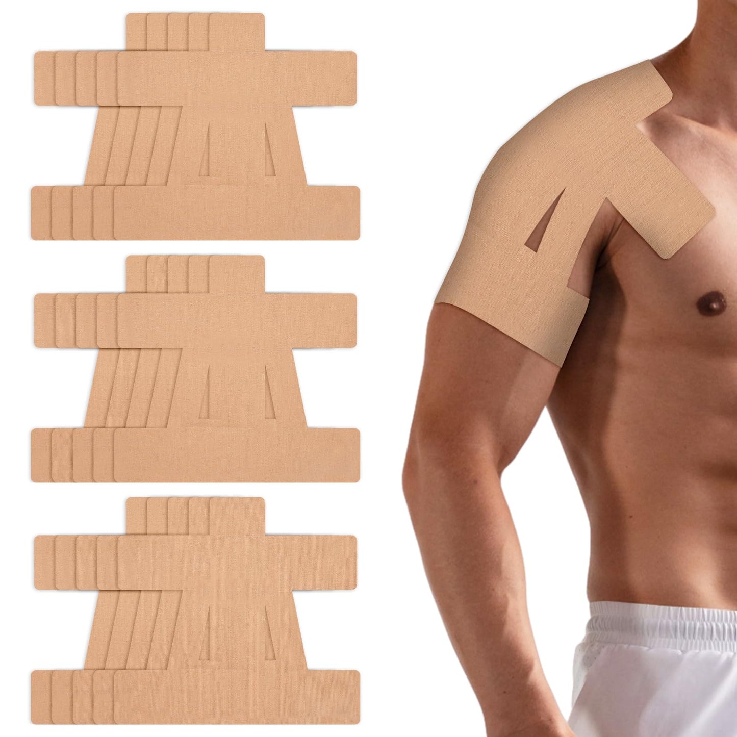 15 Pcs Precut Kinesiology Tape for Shoulder，Shoulder Tape for Shoulder Pain Relief Pre Cut，Waterproof, Breathable, Hypoallergenic Athletic Tape for Support and Protection(Rice-White)