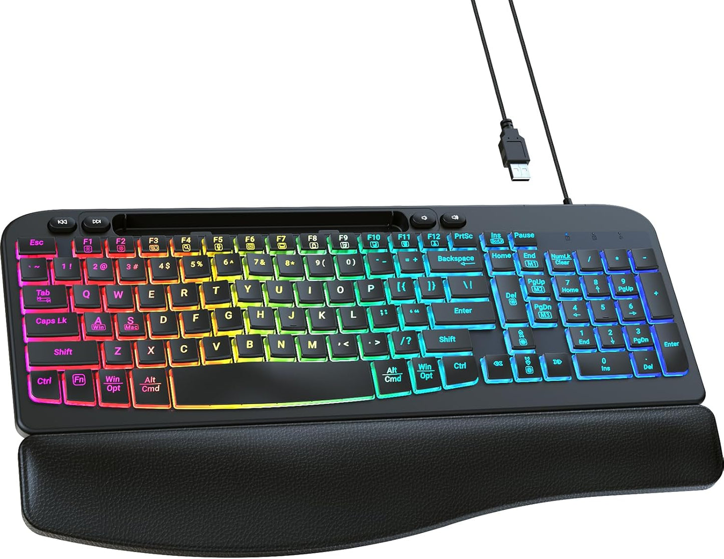 VEILZOR 7-Color Wired Ergonomic Keyboard, Backlit USB Computer Keyboard with Wrist Rest, Wave Keys, Phone Holder